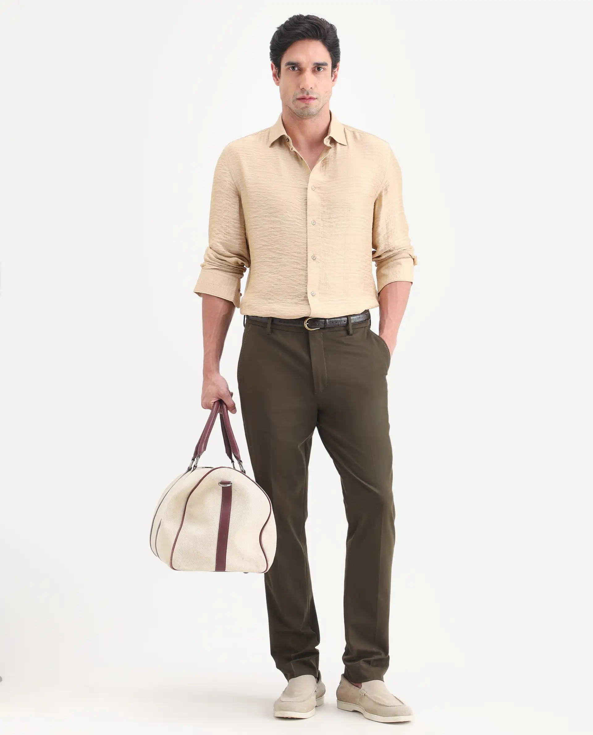 Rare Rabbit Men's Vaxon-26 Light Beige Viscose Blend Full Sleeve Spread Collar Regular Fit Checked Shirt - Image 2