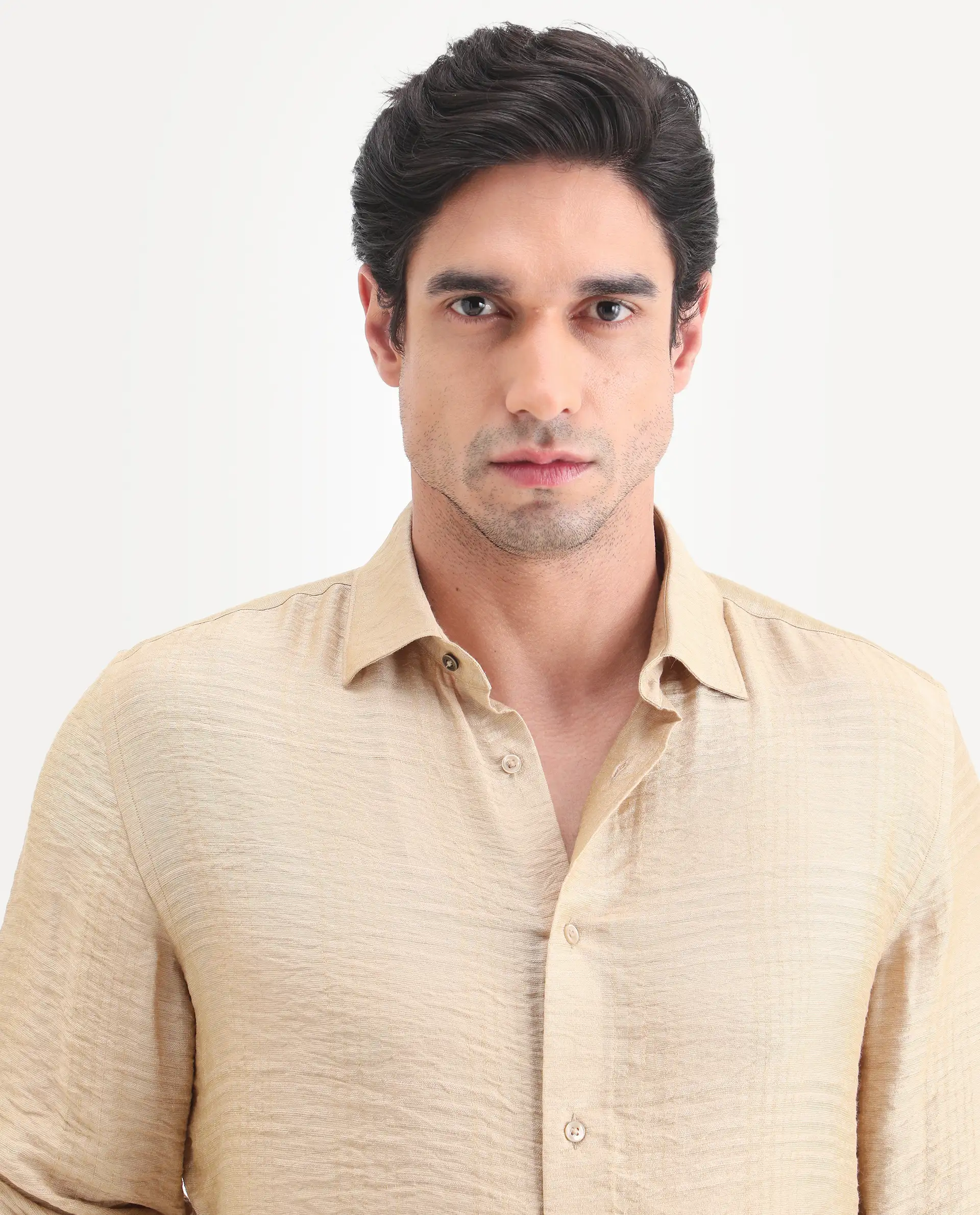 Rare Rabbit Men's Vaxon-26 Light Beige Viscose Blend Full Sleeve Spread Collar Regular Fit Checked Shirt - Image 3