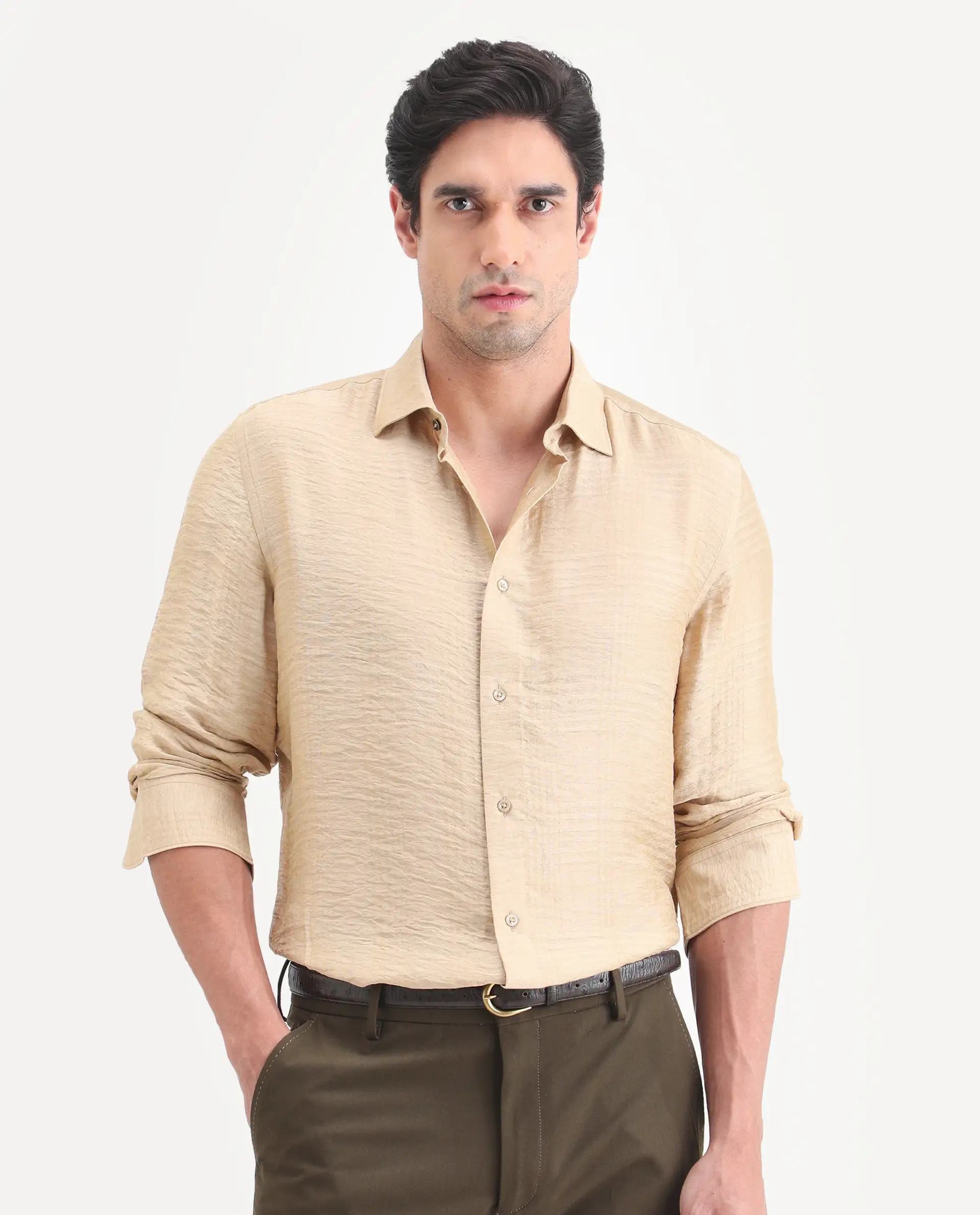 Rare Rabbit Men's Vaxon-26 Light Beige Viscose Blend Full Sleeve Spread Collar Regular Fit Checked Shirt - Image 4