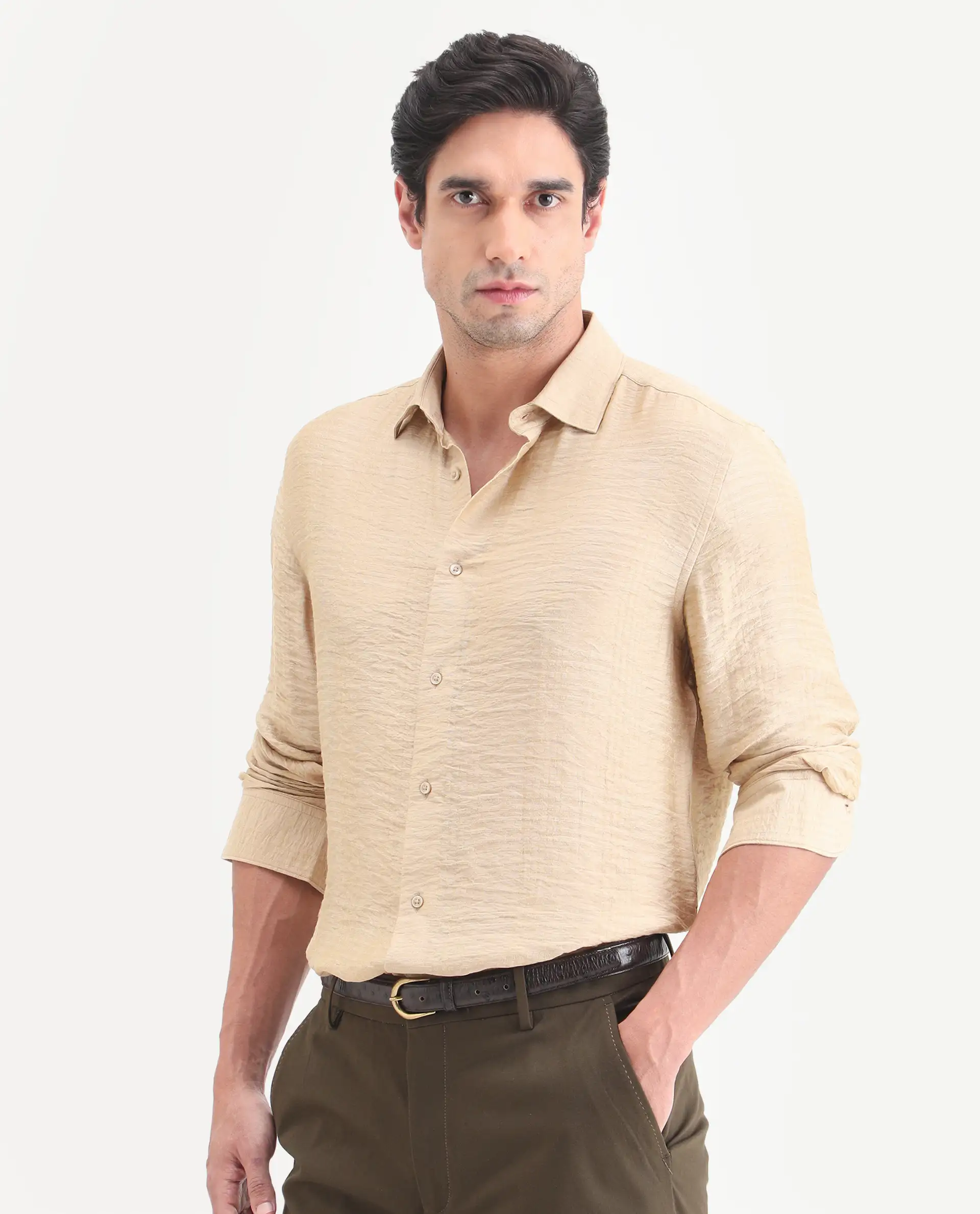 Rare Rabbit Men's Vaxon-26 Light Beige Viscose Blend Full Sleeve Spread Collar Regular Fit Checked Shirt - Image 5