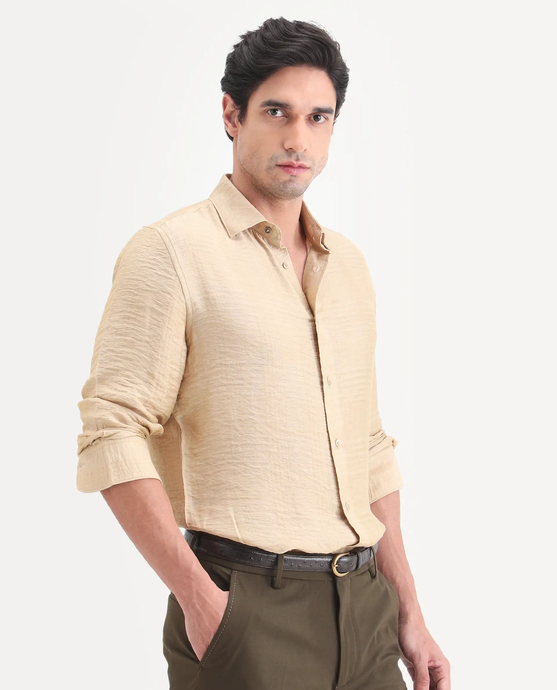 Rare Rabbit Men's Vaxon-26 Light Beige Viscose Blend Full Sleeve Spread Collar Regular Fit Checked Shirt - Image 6