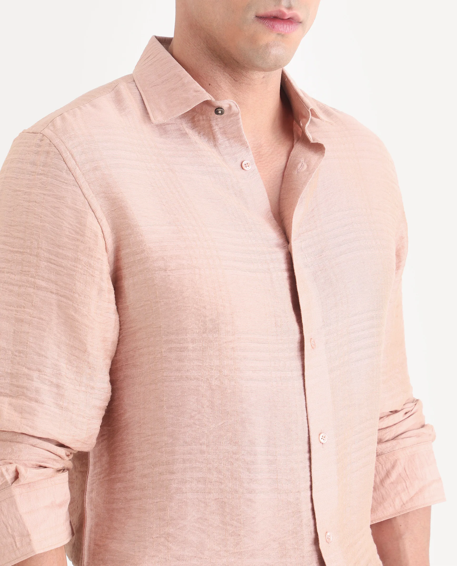 Rare Rabbit Men's Vaxon-26 Light Peach Viscose Blend Full Sleeve Spread Collar Regular Fit Checked Shirt - Image 3