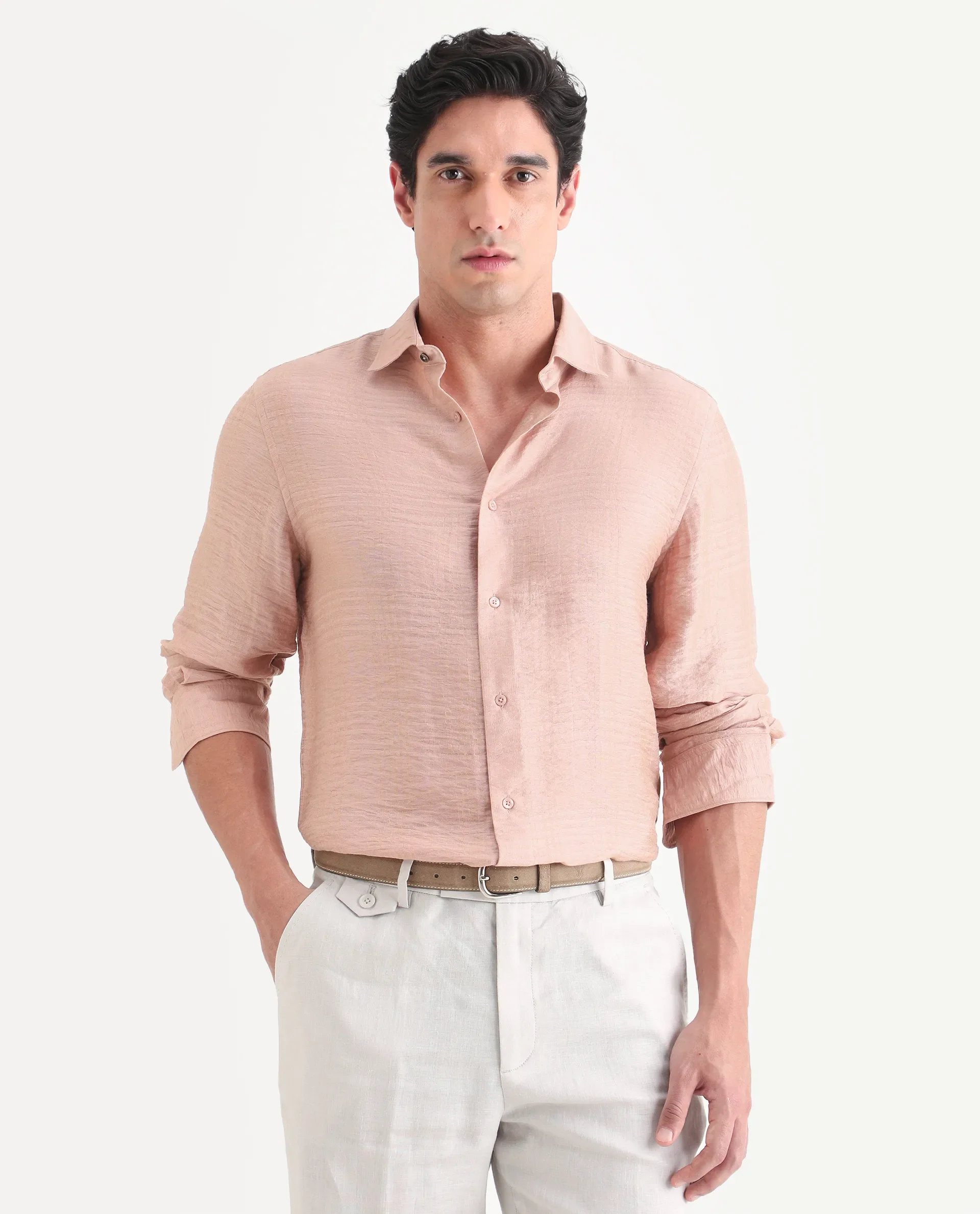 Rare Rabbit Men's Vaxon-26 Light Peach Viscose Blend Full Sleeve Spread Collar Regular Fit Checked Shirt - Image 4