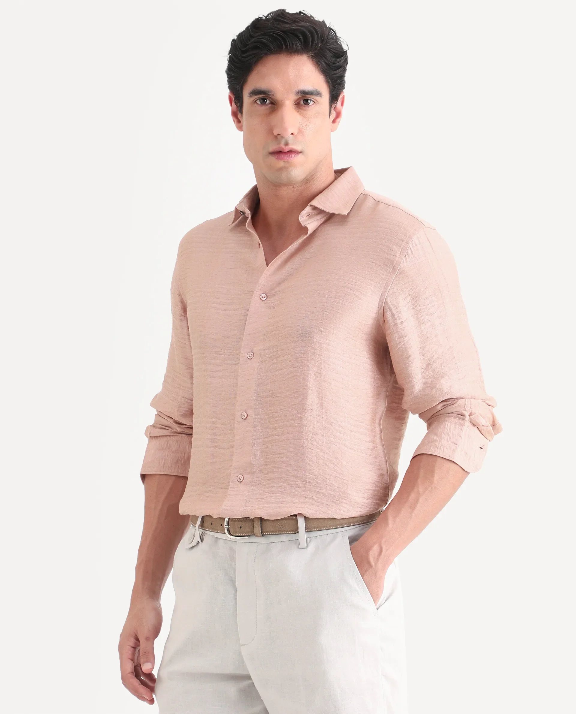 Rare Rabbit Men's Vaxon-26 Light Peach Viscose Blend Full Sleeve Spread Collar Regular Fit Checked Shirt - Image 5