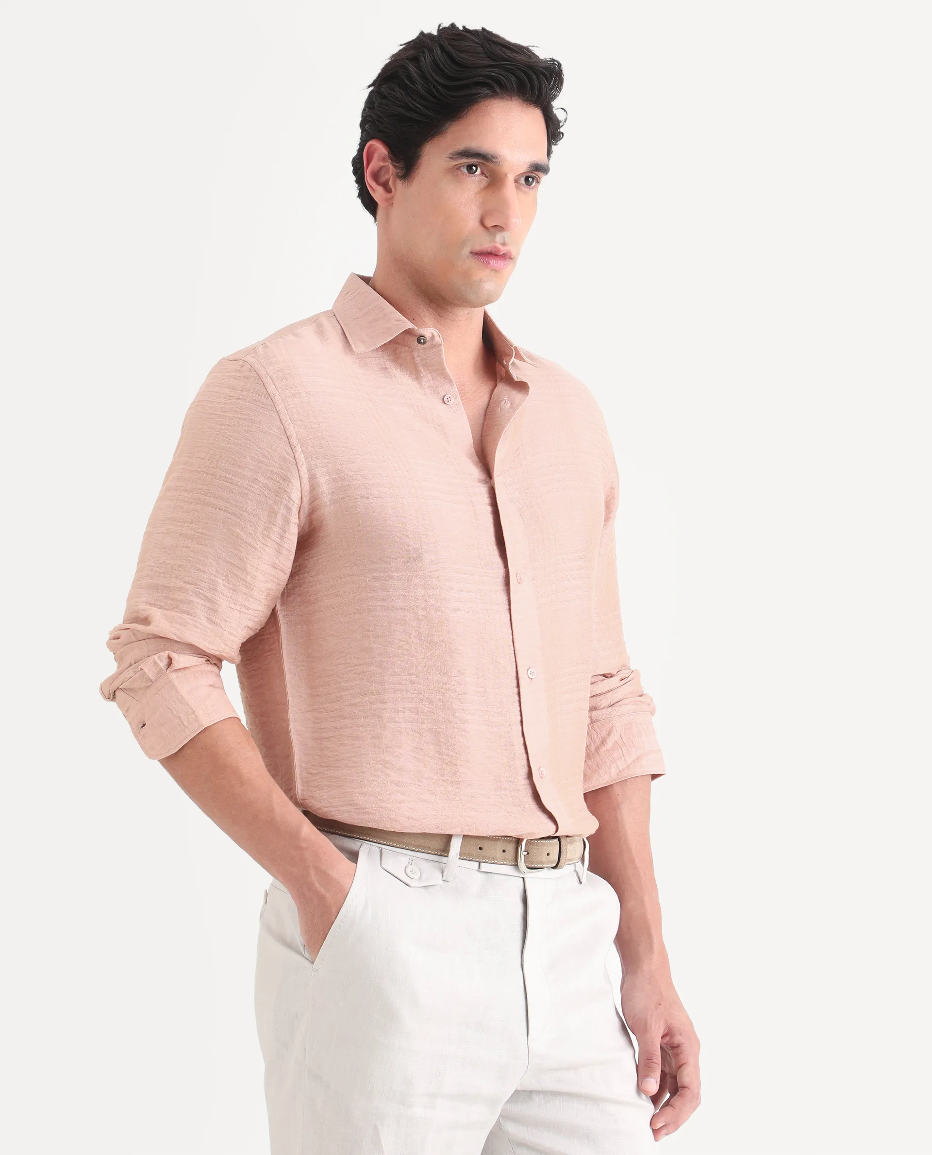 Rare Rabbit Men's Vaxon-26 Light Peach Viscose Blend Full Sleeve Spread Collar Regular Fit Checked Shirt - Image 6
