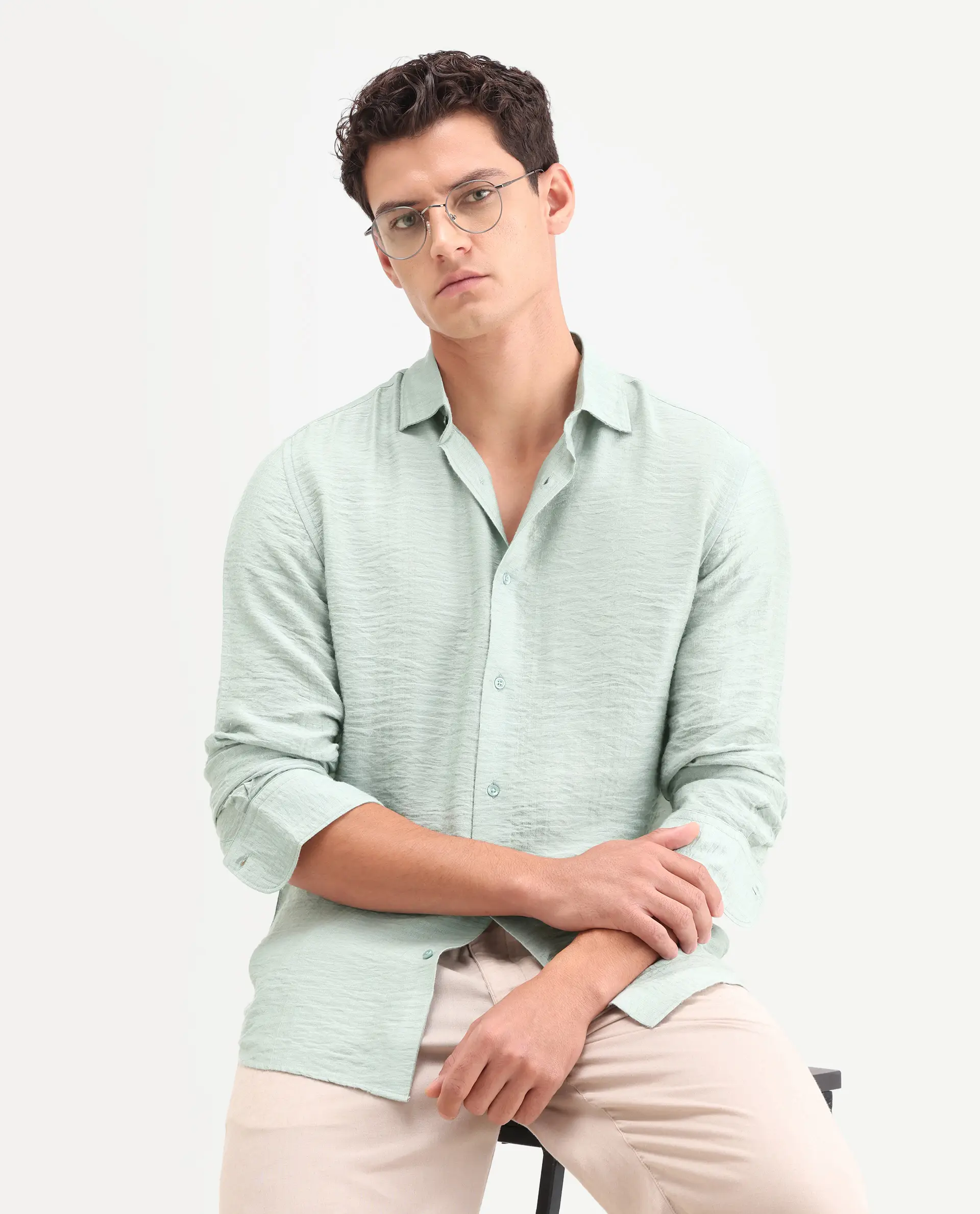 Rare Rabbit Men's Vaxon-26 Pastel Green Viscose Blend Full Sleeve Spread Collar Regular Fit Checked Shirt
