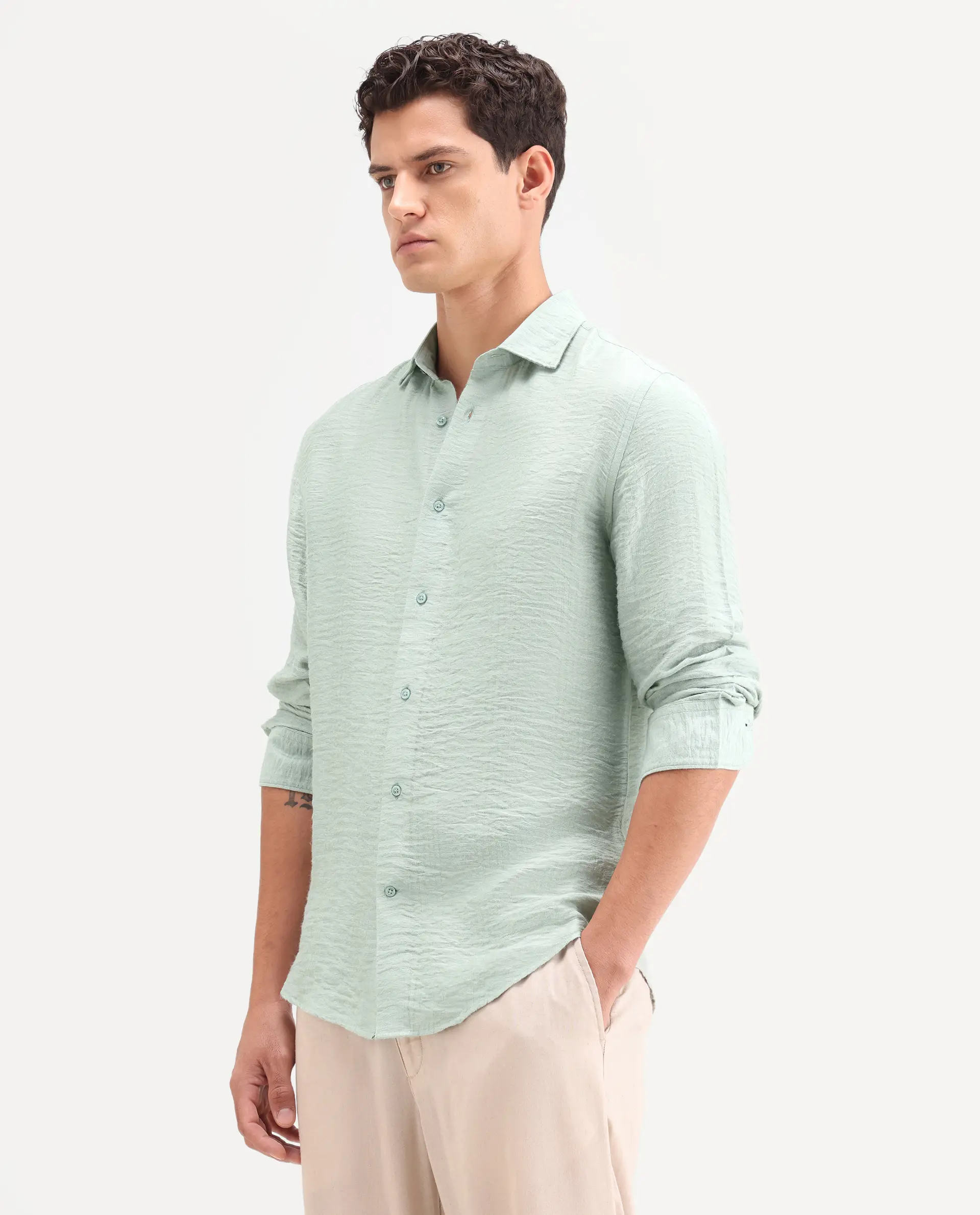 Rare Rabbit Men's Vaxon-26 Pastel Green Viscose Blend Full Sleeve Spread Collar Regular Fit Checked Shirt - Image 4