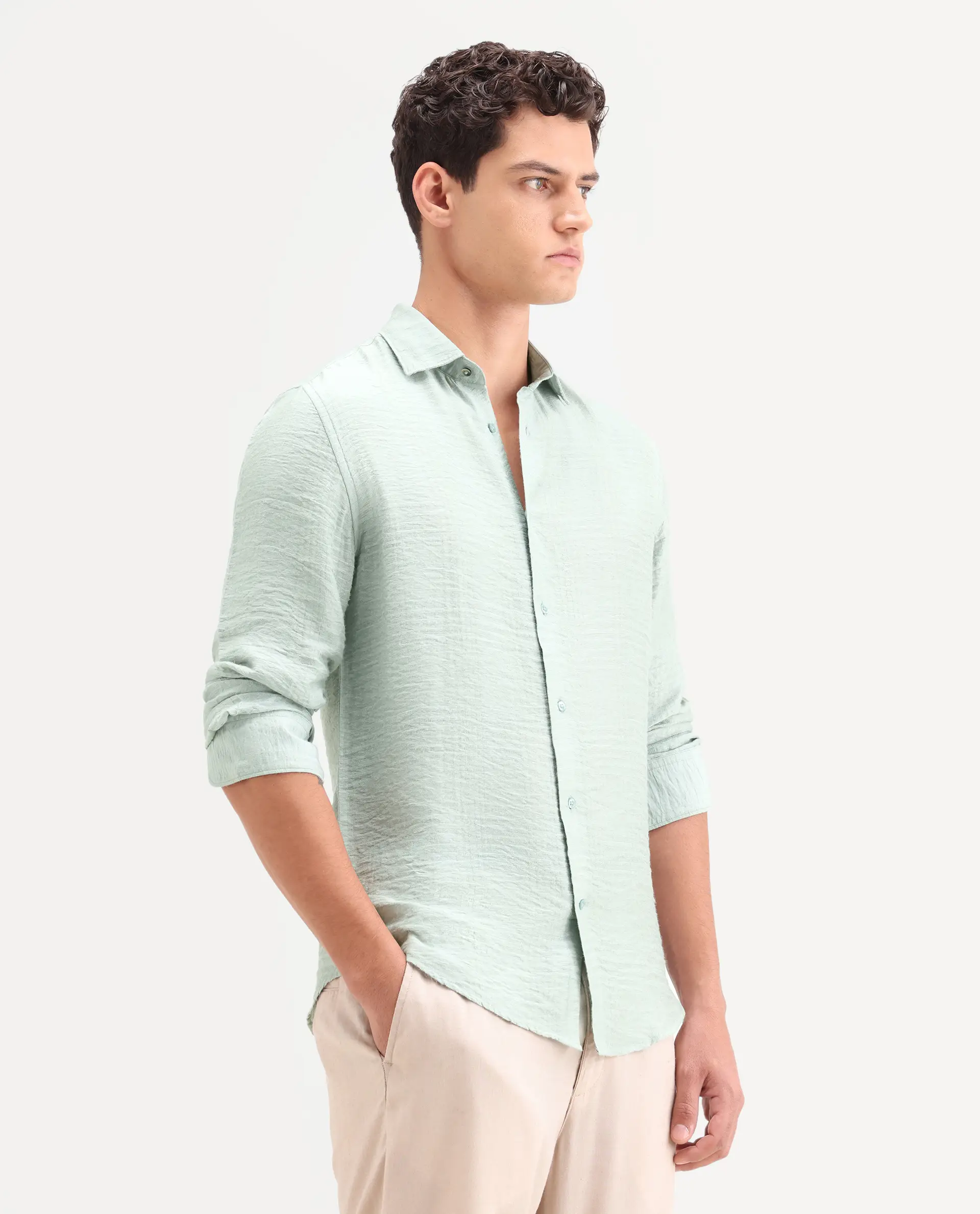 Rare Rabbit Men's Vaxon-26 Pastel Green Viscose Blend Full Sleeve Spread Collar Regular Fit Checked Shirt - Image 5