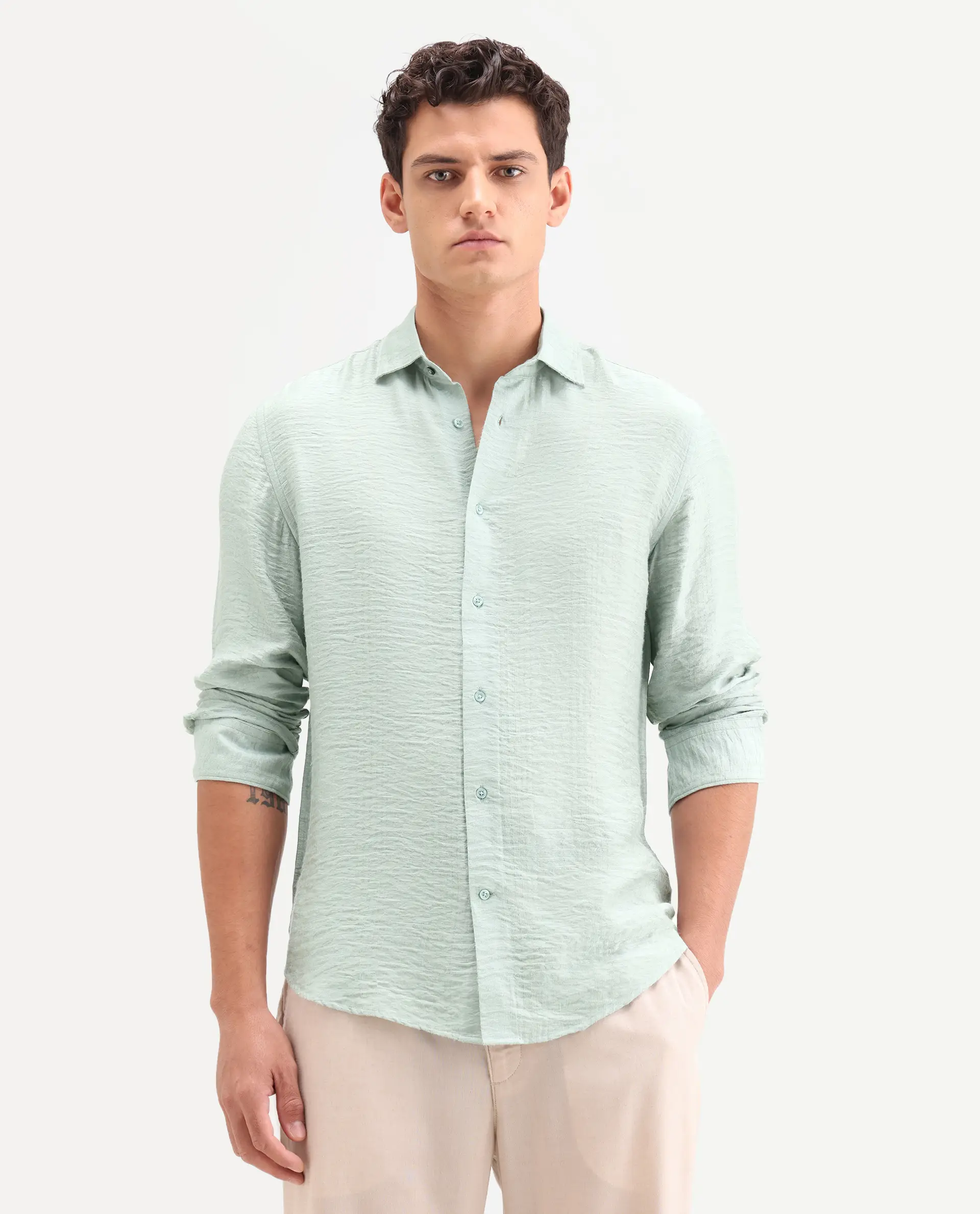 Rare Rabbit Men's Vaxon-26 Pastel Green Viscose Blend Full Sleeve Spread Collar Regular Fit Checked Shirt - Image 6