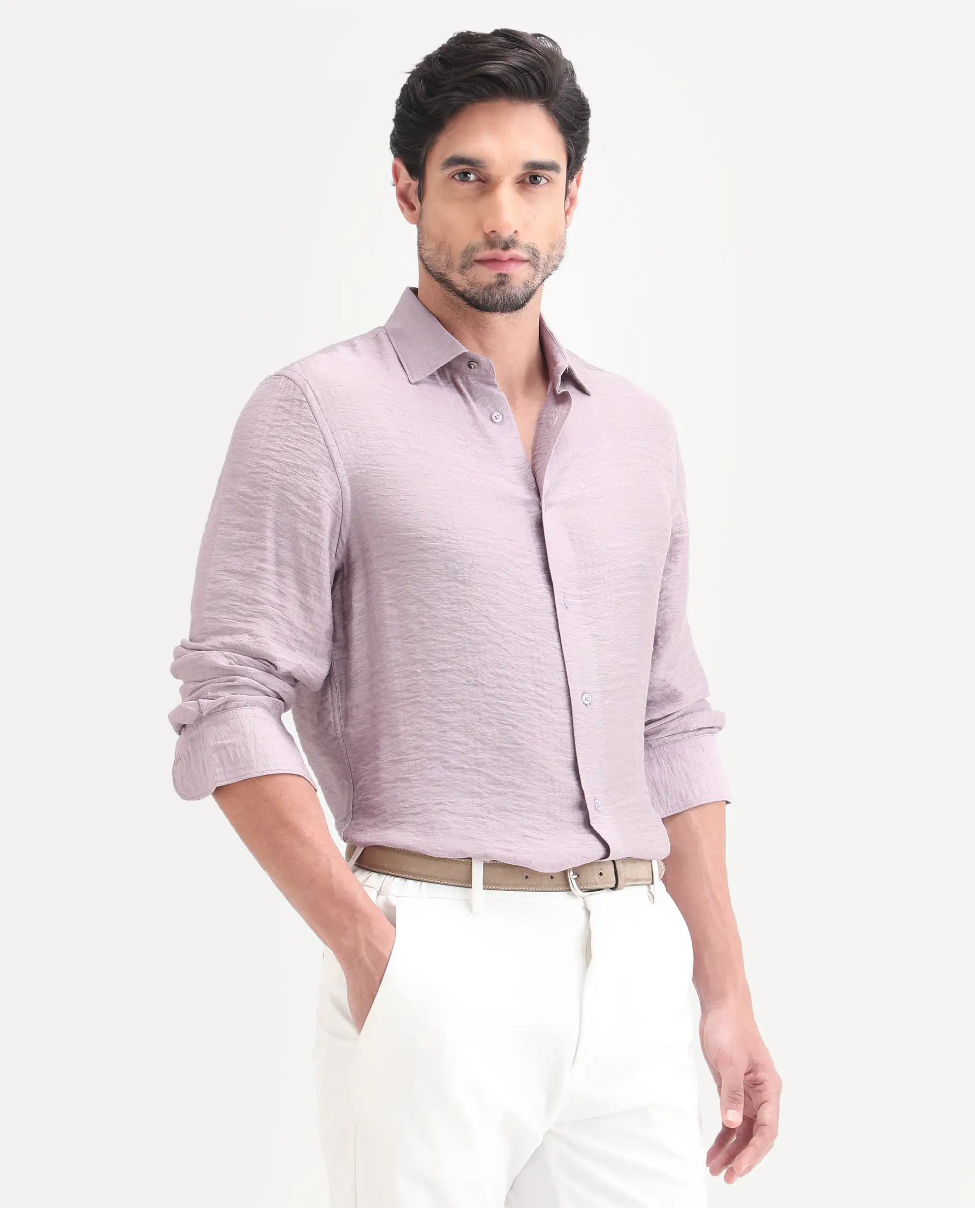 Rare Rabbit Men's Vaxon-26 Pastel Purple Viscose Blend Full Sleeve Spread Collar Regular Fit Checked Shirt - Image 4