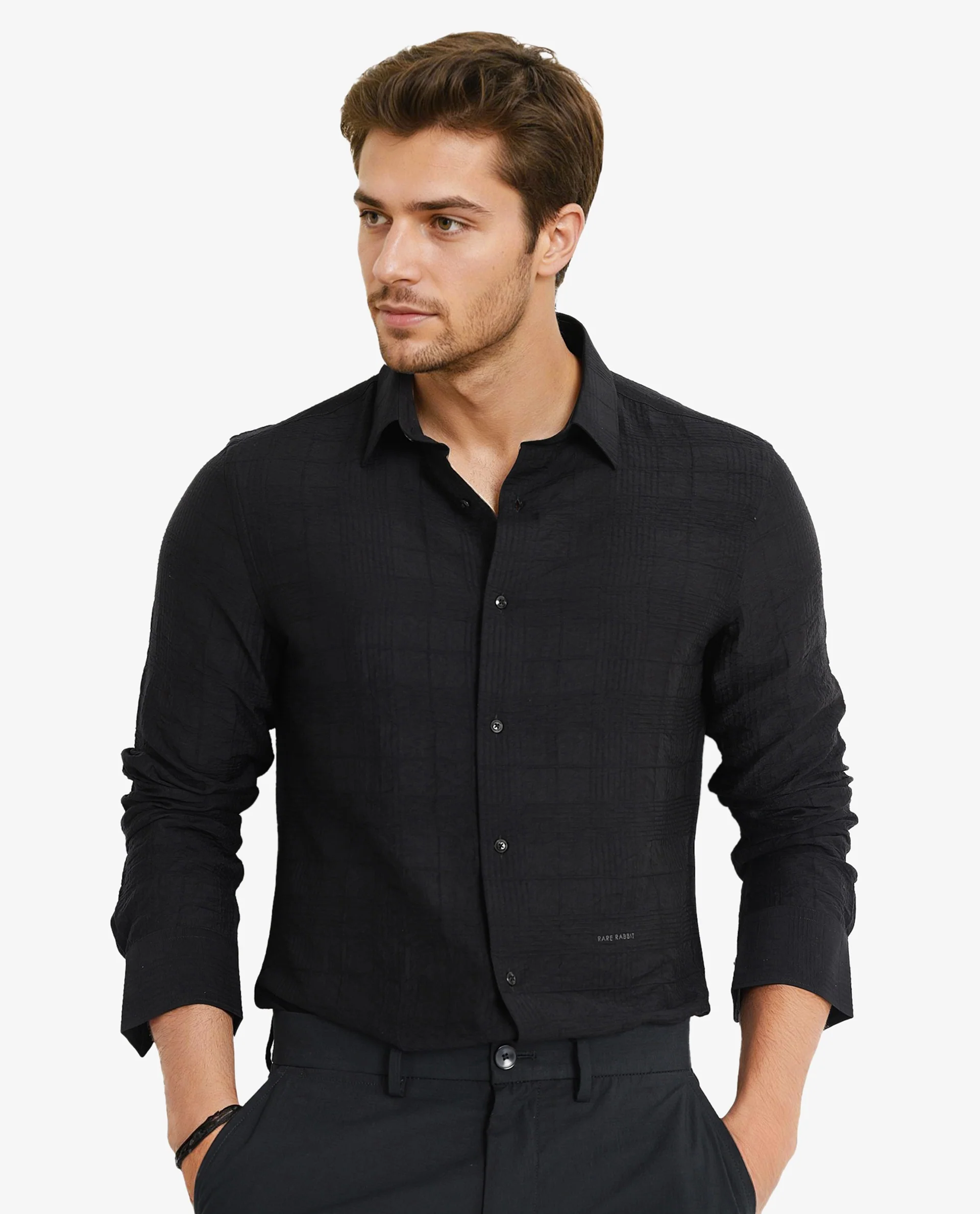 Rare Rabbit Men's Vaxon Black Viscose Checked Print Regular Fit Full Sleeve Collared Shirt - Image 2