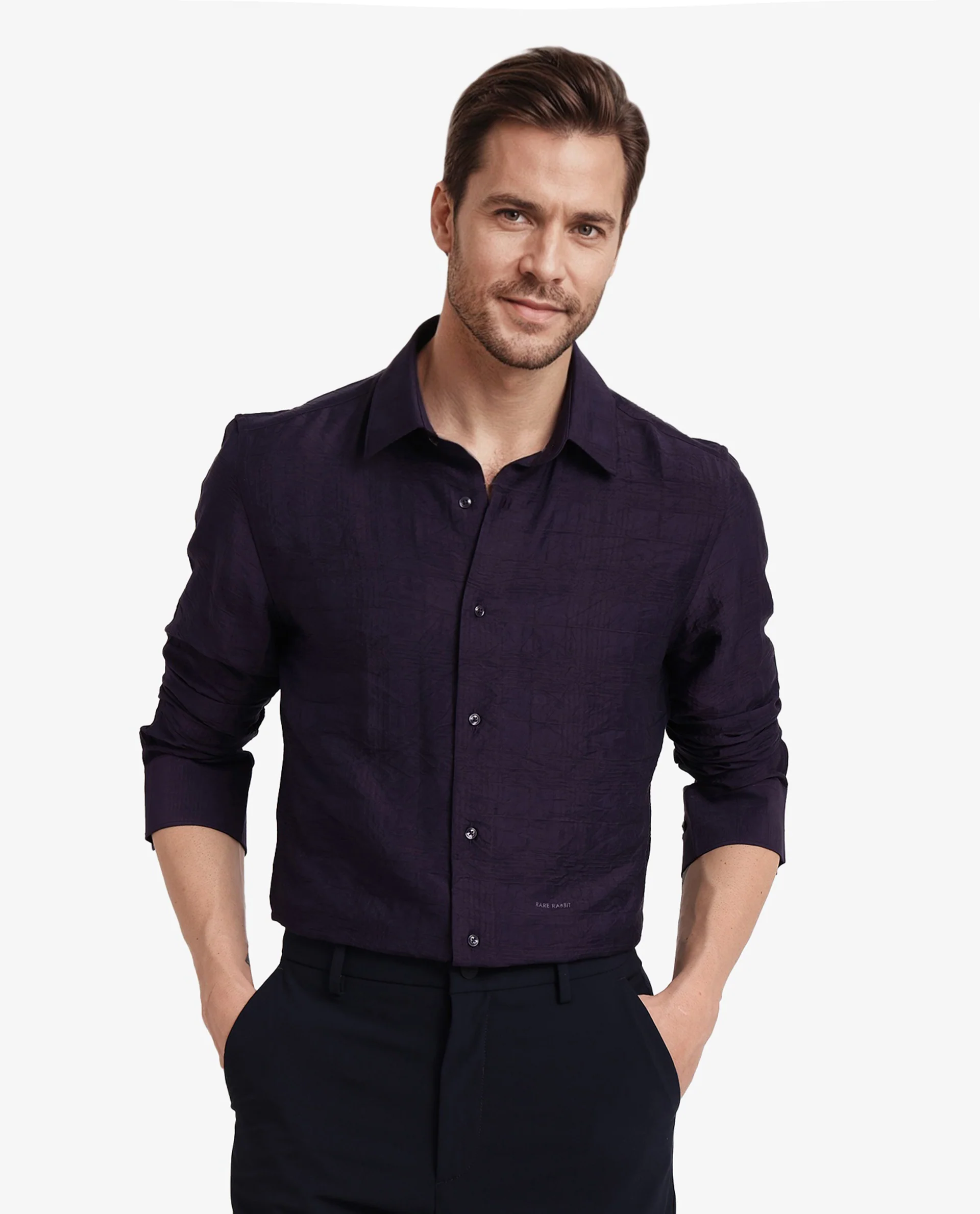 Rare Rabbit Men's Vaxon Purple Viscose Checked Print Regular Fit Full Sleeve Collared Shirt - Image 3