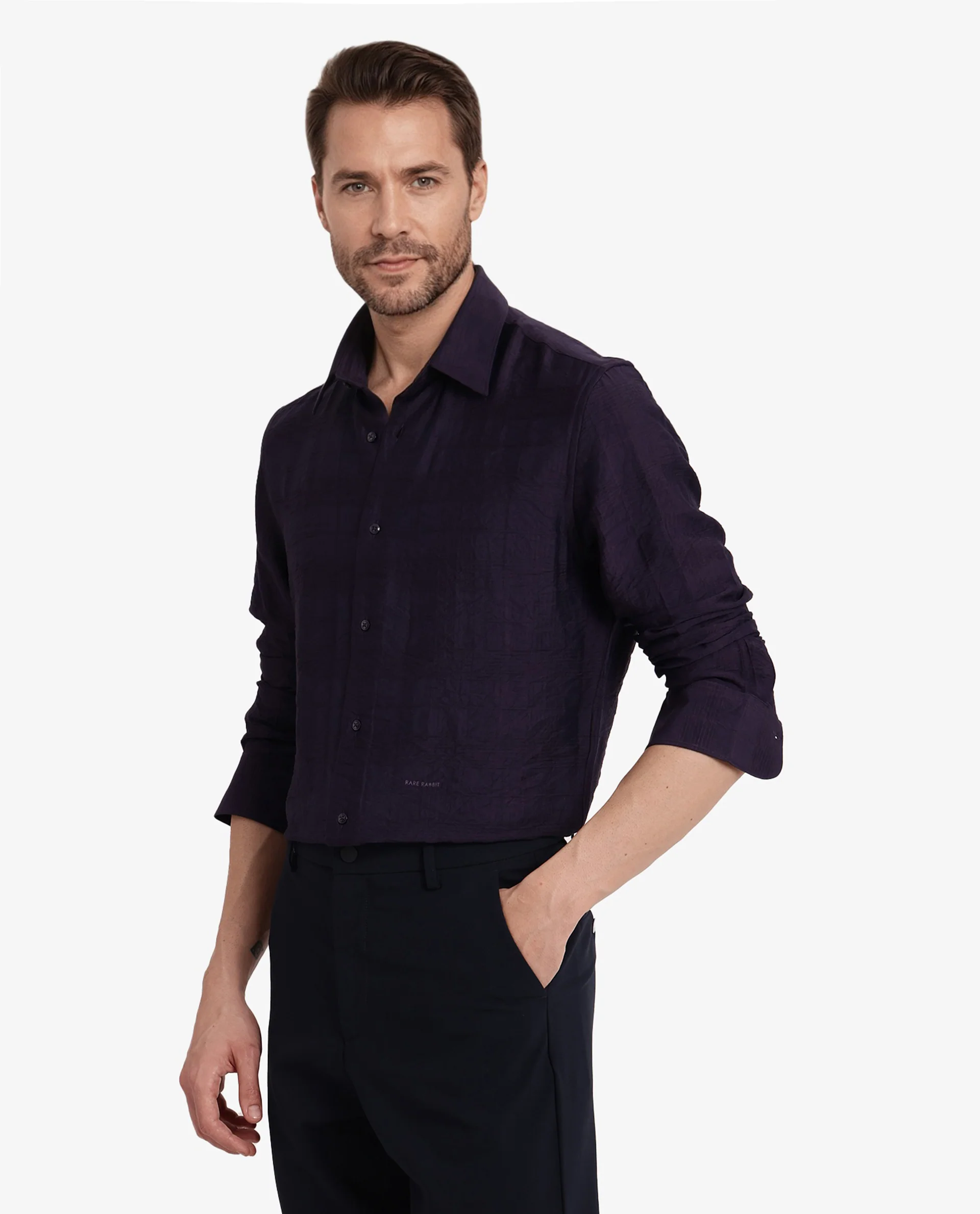 Rare Rabbit Men's Vaxon Purple Viscose Checked Print Regular Fit Full Sleeve Collared Shirt - Image 7