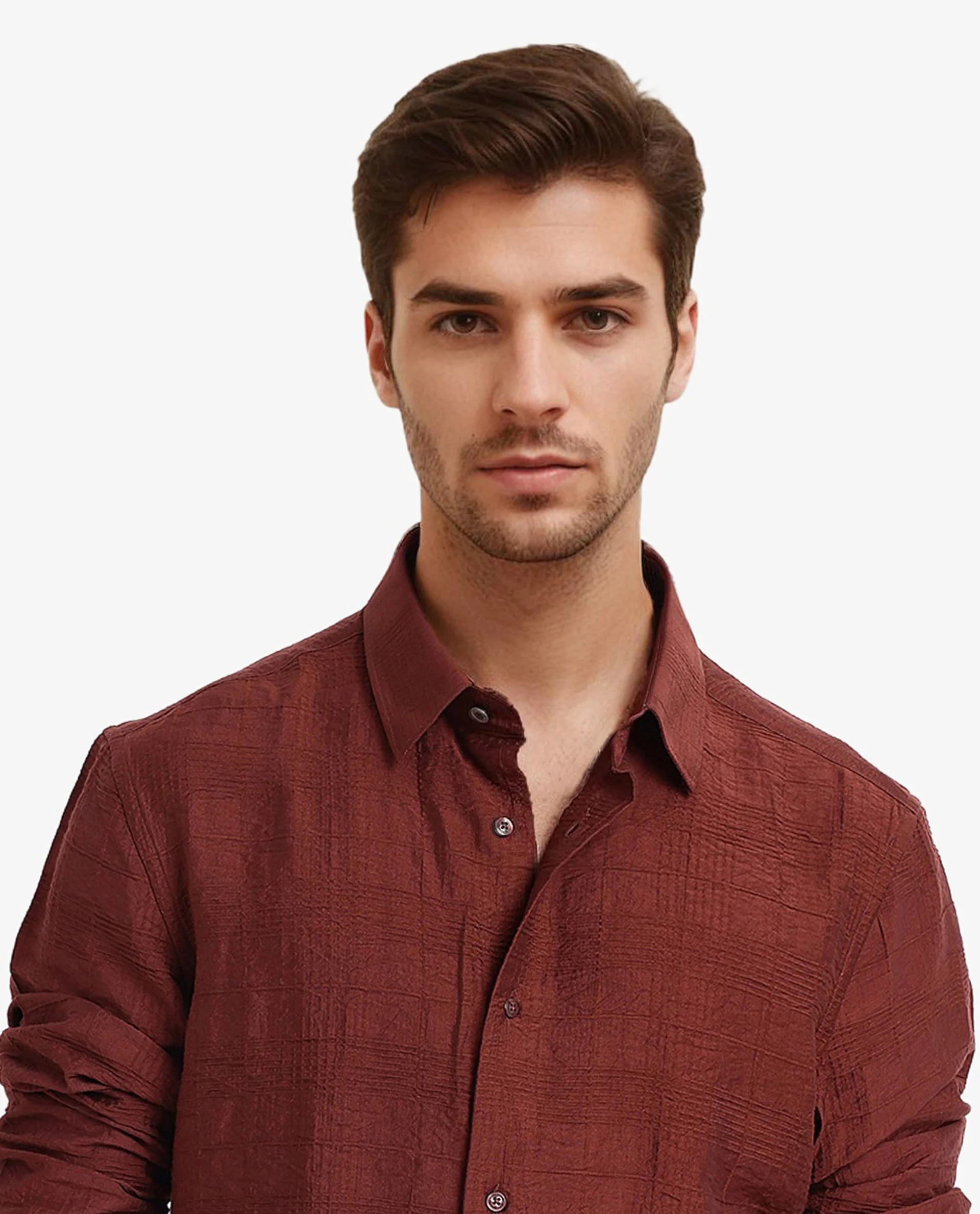 Rare Rabbit Men's Vaxon Rust Viscose Checked Print Regular Fit Full Sleeve Collared Shirt - Image 2