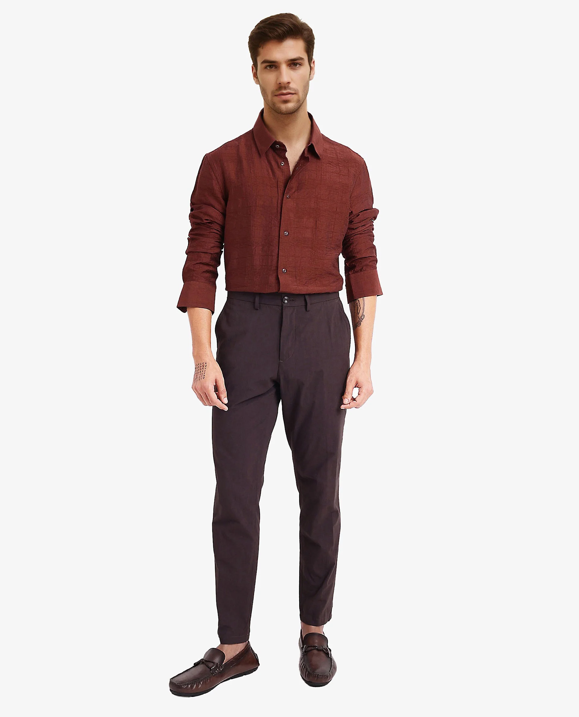 Rare Rabbit Men's Vaxon Rust Viscose Checked Print Regular Fit Full Sleeve Collared Shirt - Image 3