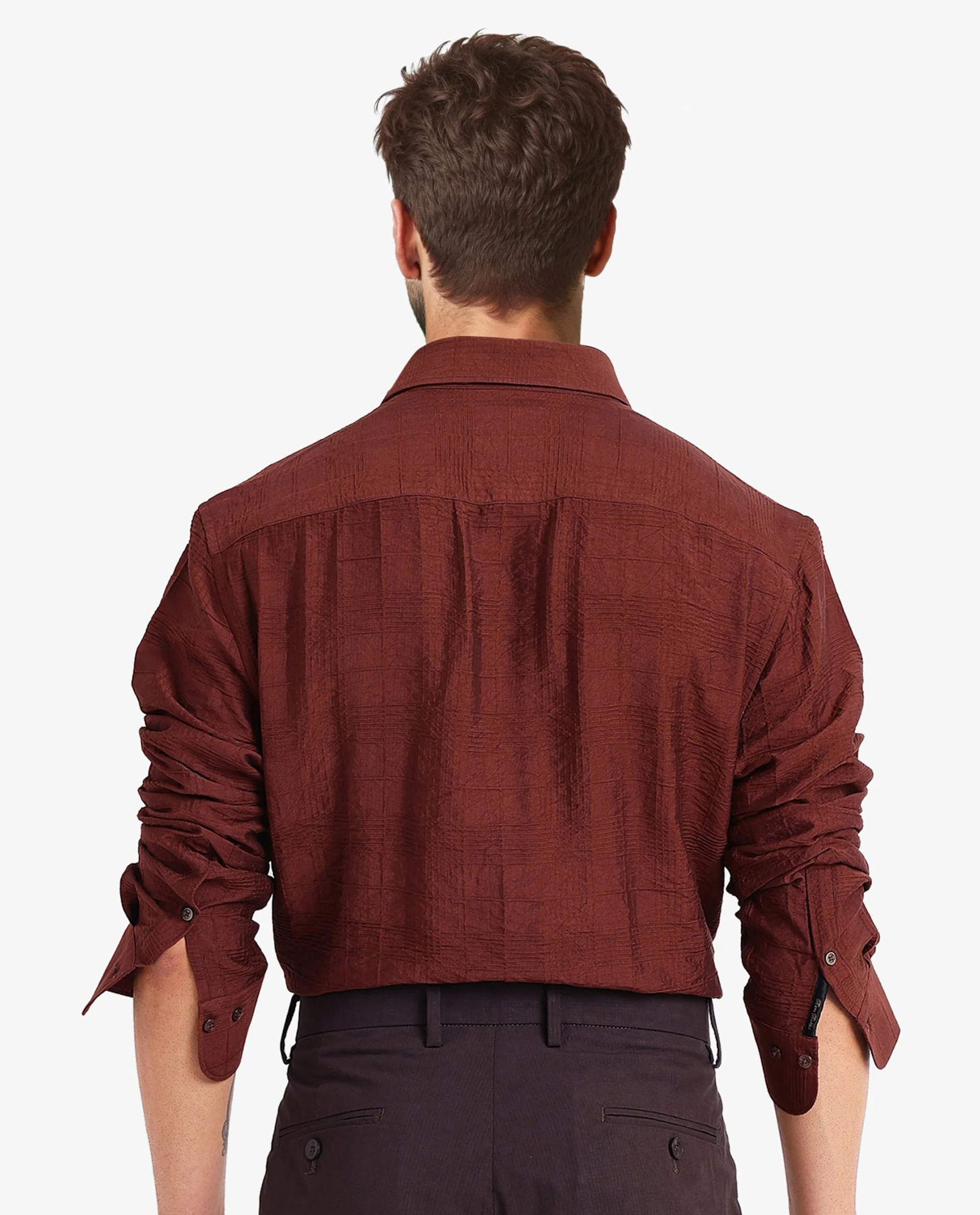 Rare Rabbit Men's Vaxon Rust Viscose Checked Print Regular Fit Full Sleeve Collared Shirt - Image 4