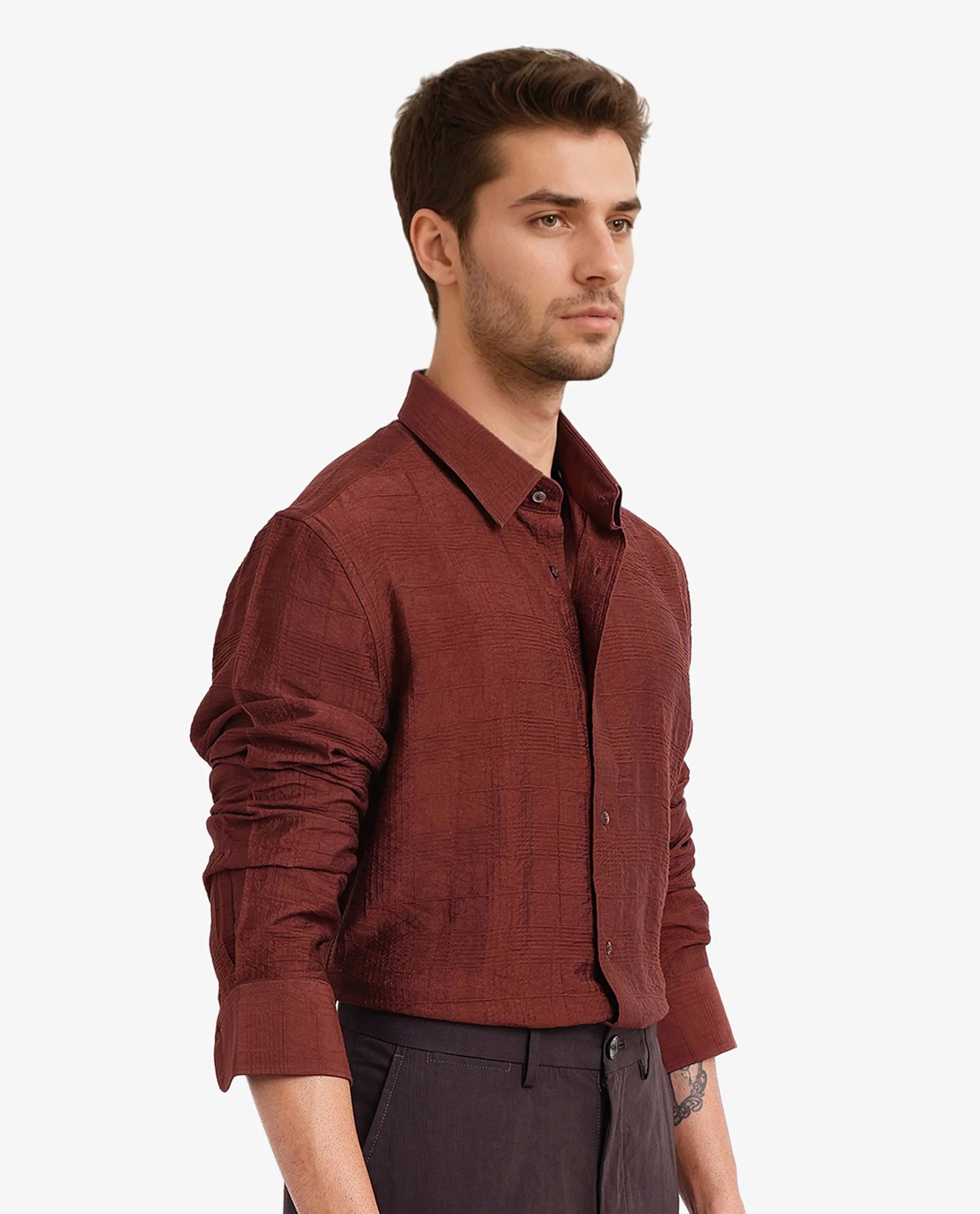 Rare Rabbit Men's Vaxon Rust Viscose Checked Print Regular Fit Full Sleeve Collared Shirt - Image 5