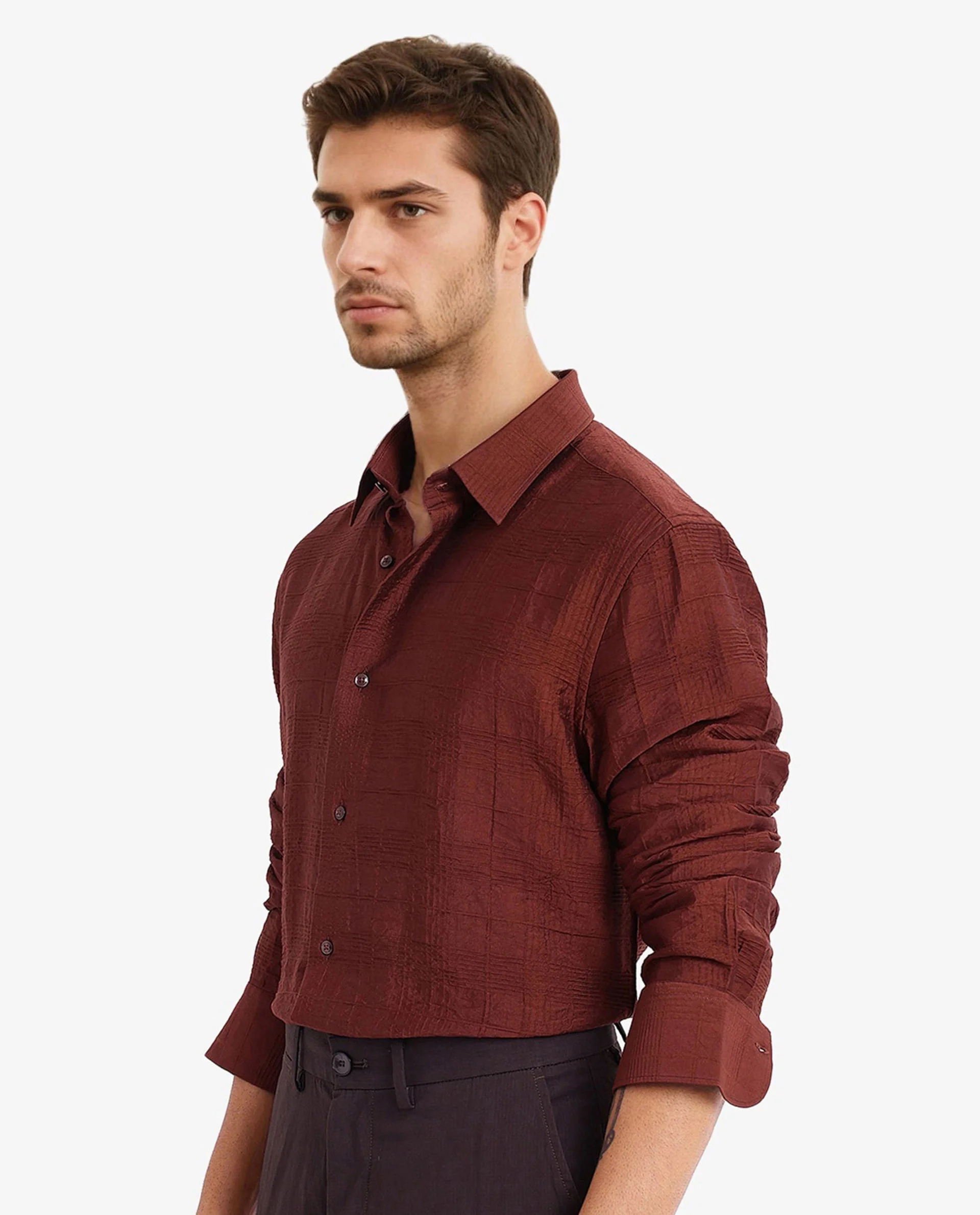 Rare Rabbit Men's Vaxon Rust Viscose Checked Print Regular Fit Full Sleeve Collared Shirt - Image 7