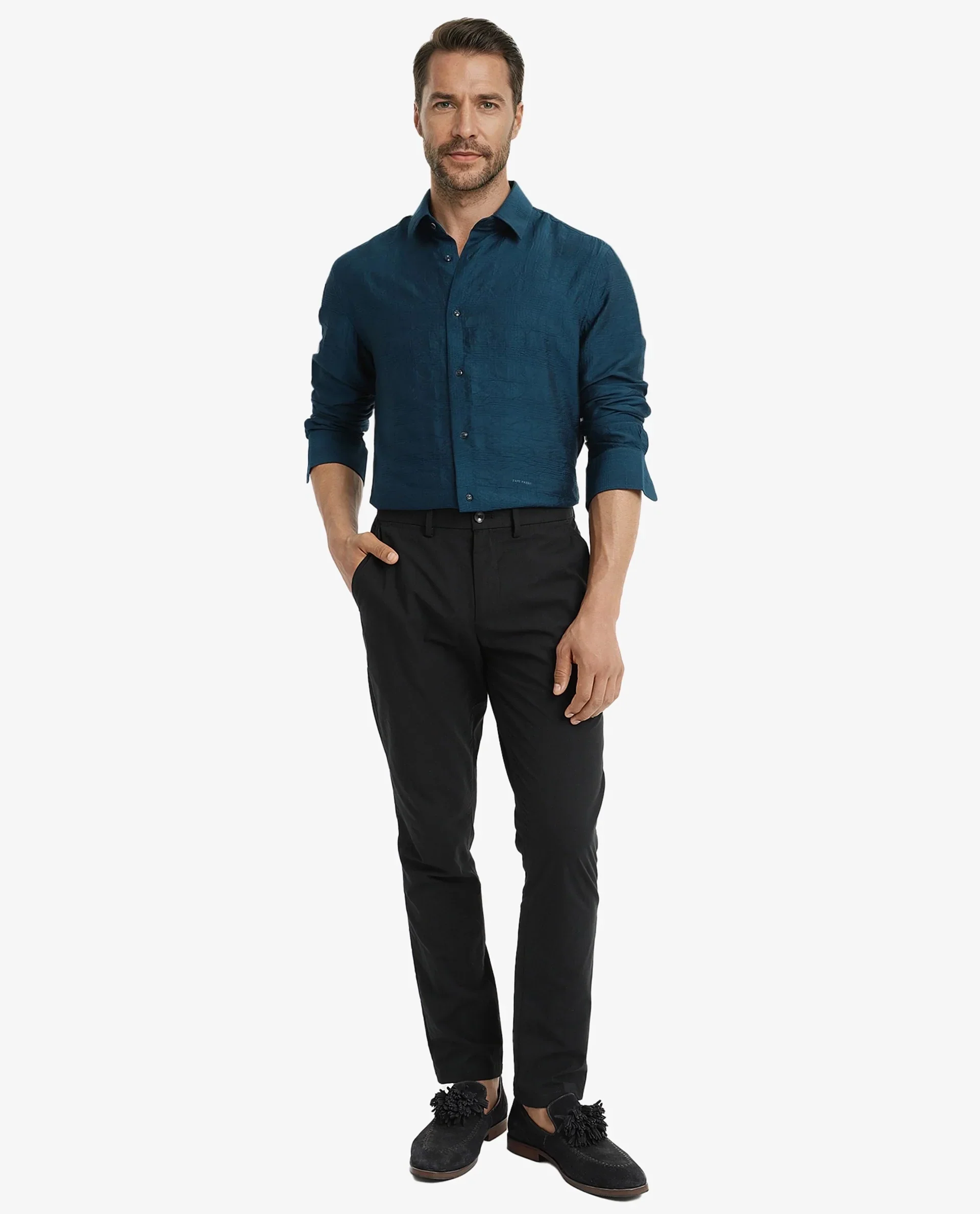 Rare Rabbit Men's Vaxon Teal Viscose Checked Print Regular Fit Full Sleeve Collared Shirt - Image 2