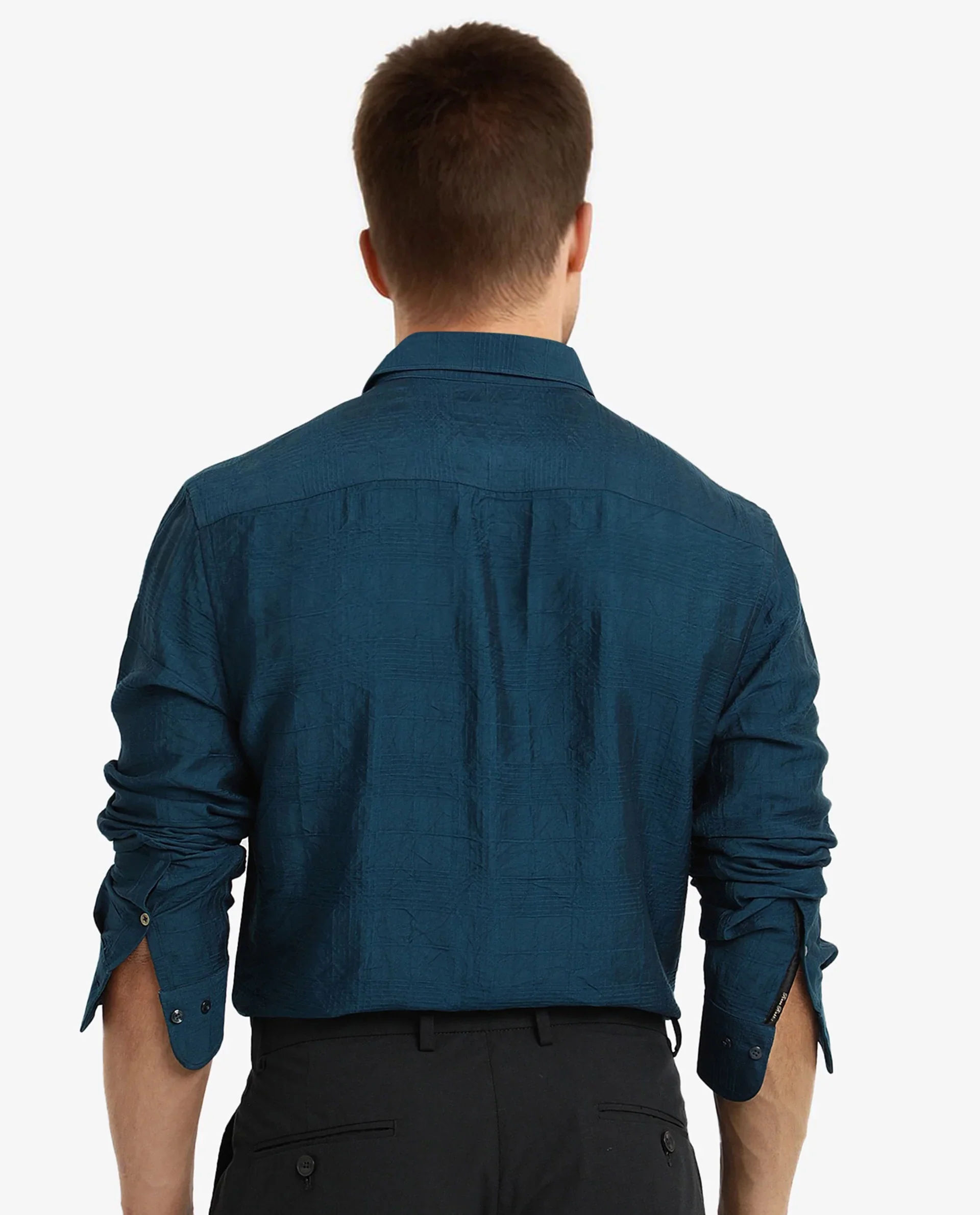 Rare Rabbit Men's Vaxon Teal Viscose Checked Print Regular Fit Full Sleeve Collared Shirt - Image 3