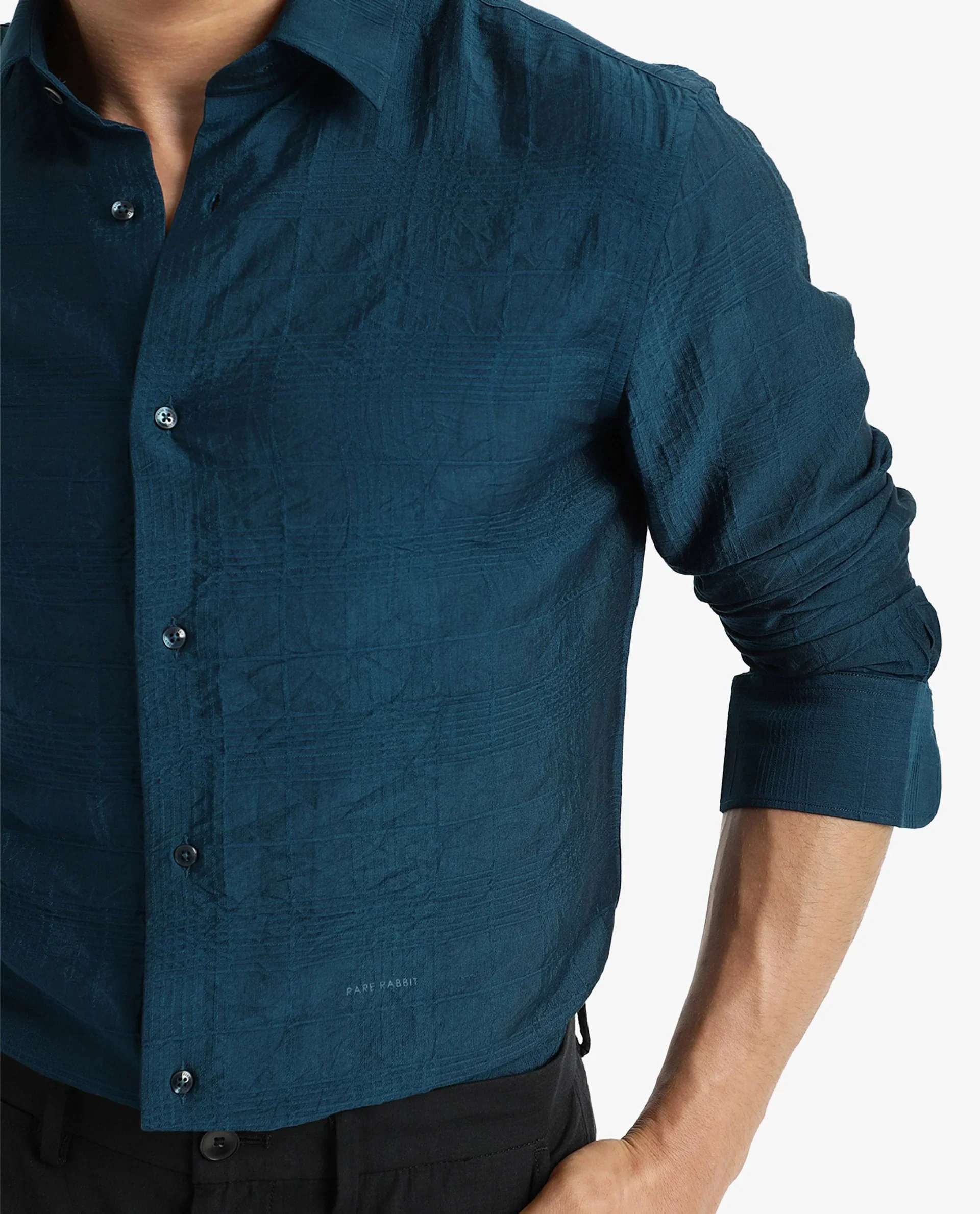 Rare Rabbit Men's Vaxon Teal Viscose Checked Print Regular Fit Full Sleeve Collared Shirt - Image 5