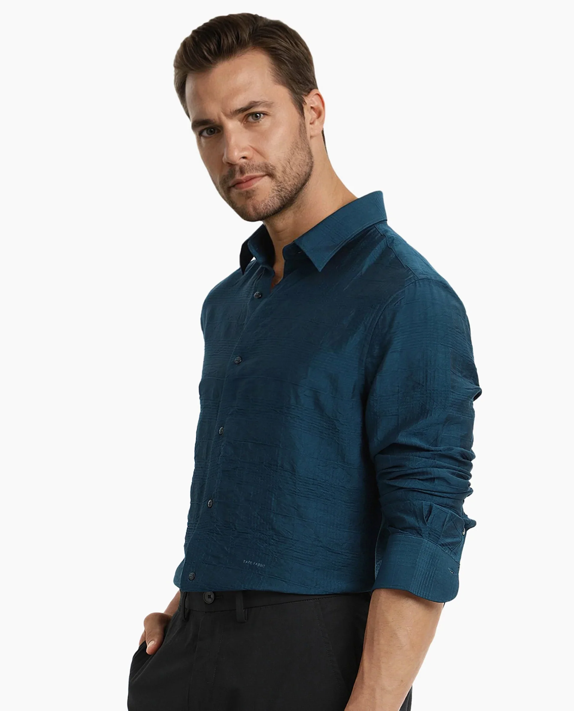 Rare Rabbit Men's Vaxon Teal Viscose Checked Print Regular Fit Full Sleeve Collared Shirt - Image 6