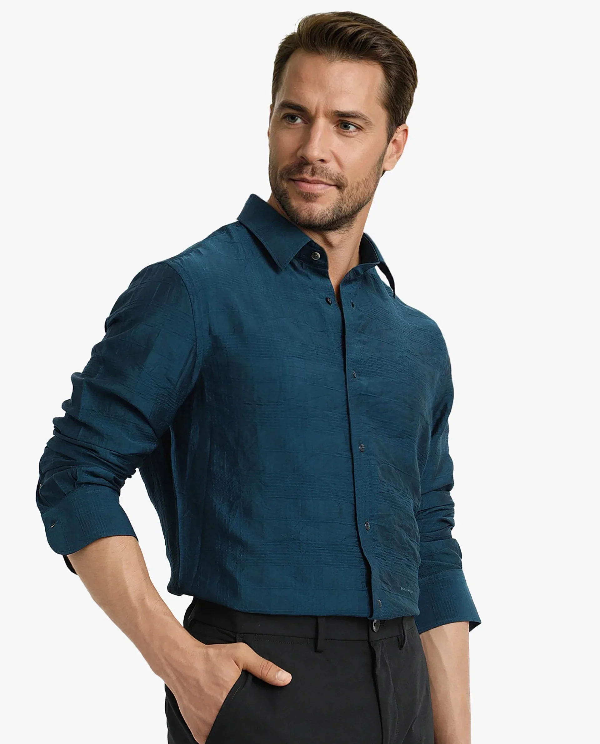 Rare Rabbit Men's Vaxon Teal Viscose Checked Print Regular Fit Full Sleeve Collared Shirt - Image 7