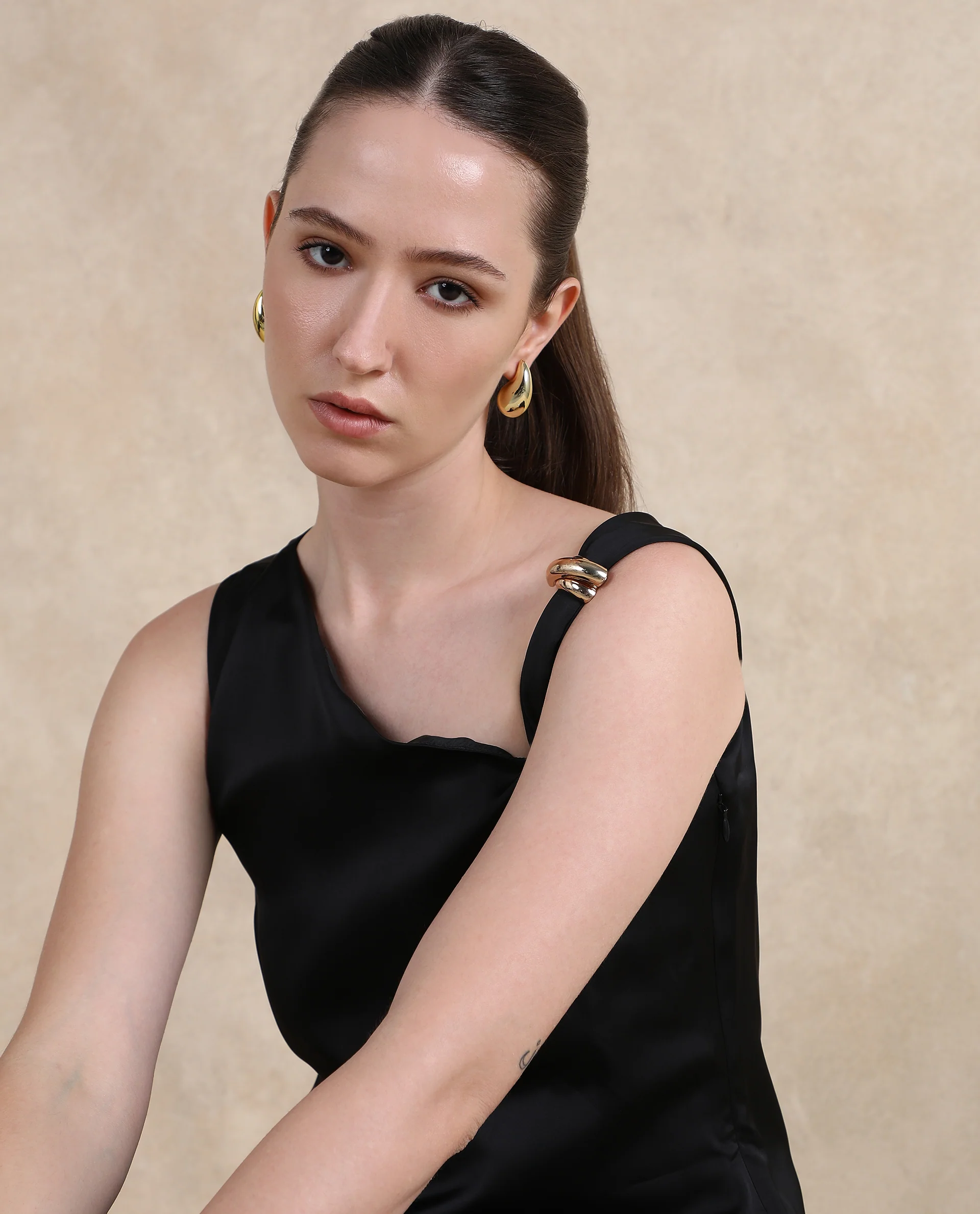 Rareism Women's Vaxter Black Polyester Asymmetric Neck Plain Sleeveless Regular Fit Top