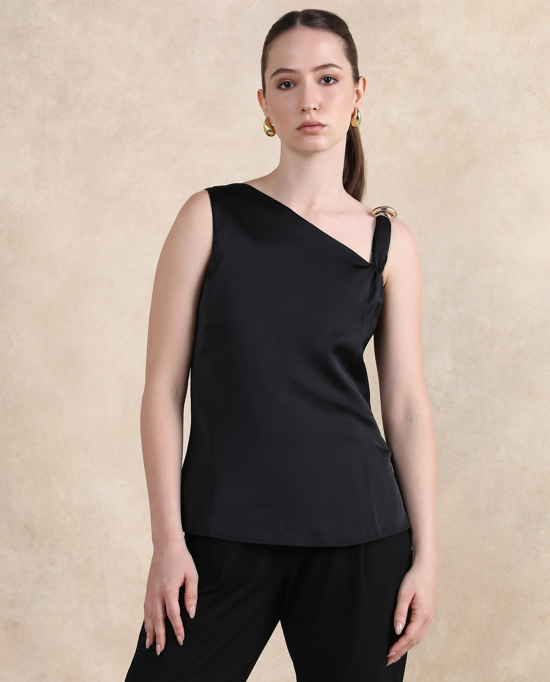 Rareism Women's Vaxter Black Polyester Asymmetric Neck Plain Sleeveless Regular Fit Top - Image 2
