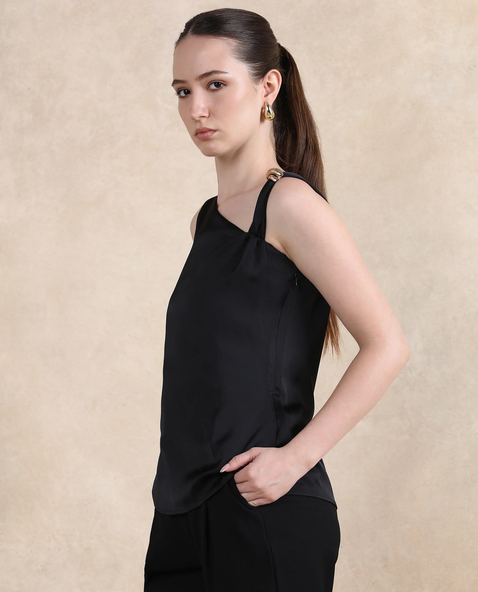 Rareism Women's Vaxter Black Polyester Asymmetric Neck Plain Sleeveless Regular Fit Top - Image 6