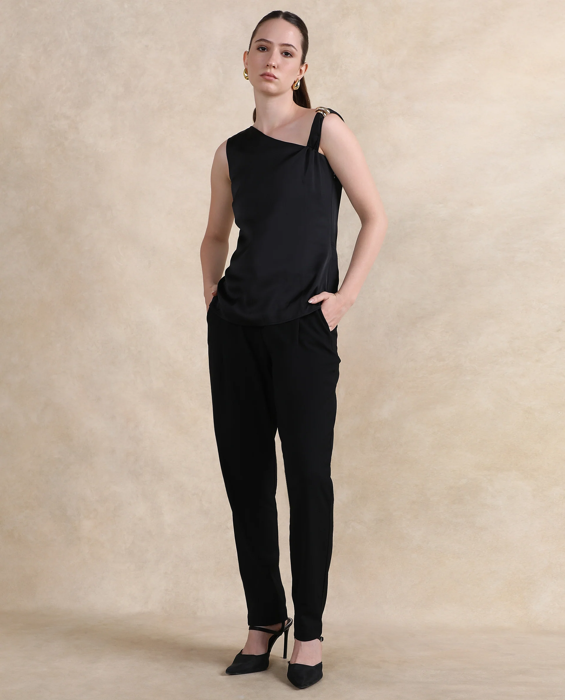 Rareism Women's Vaxter Black Polyester Asymmetric Neck Plain Sleeveless Regular Fit Top - Image 8