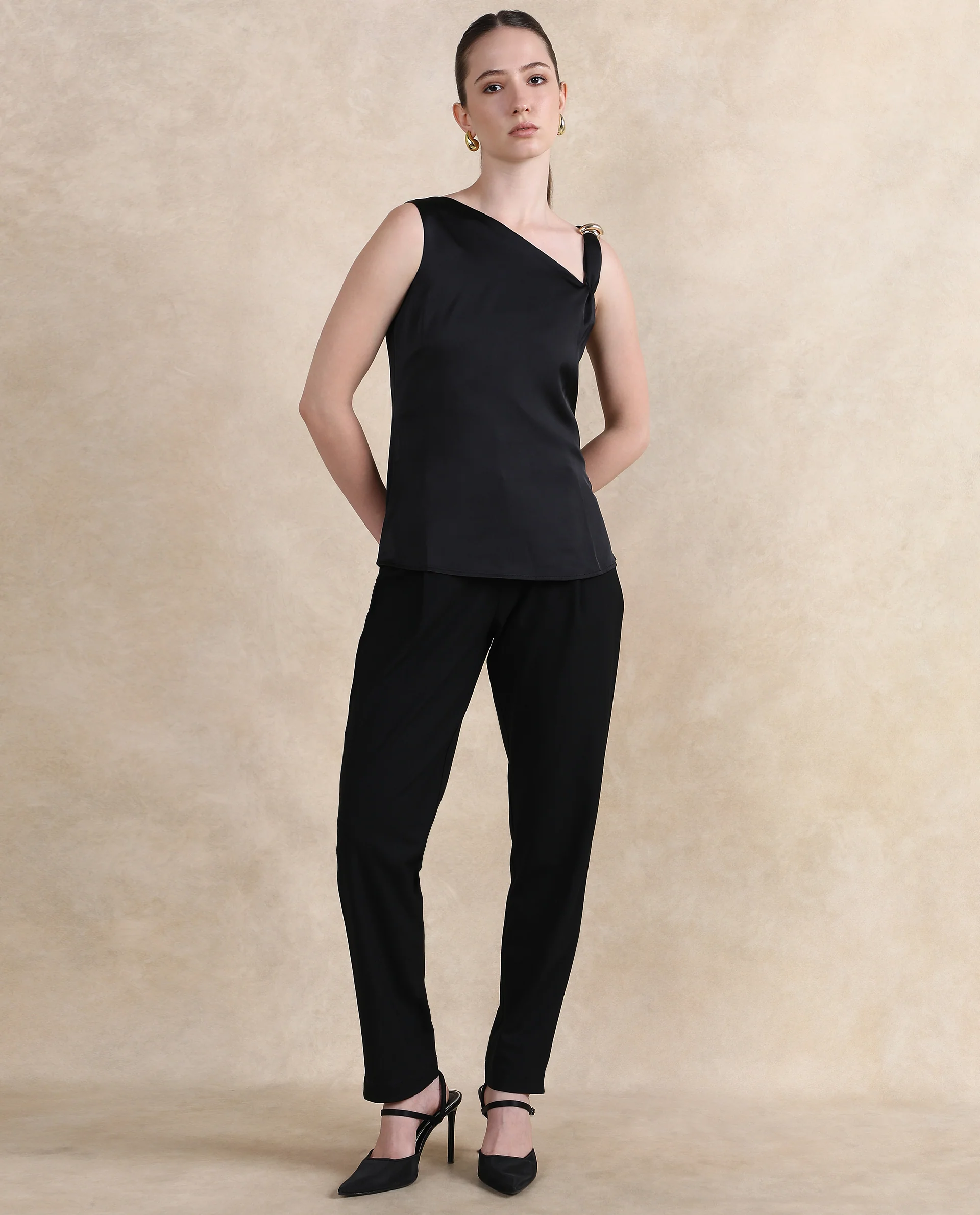 Rareism Women's Vaxter Black Polyester Asymmetric Neck Plain Sleeveless Regular Fit Top - Image 9
