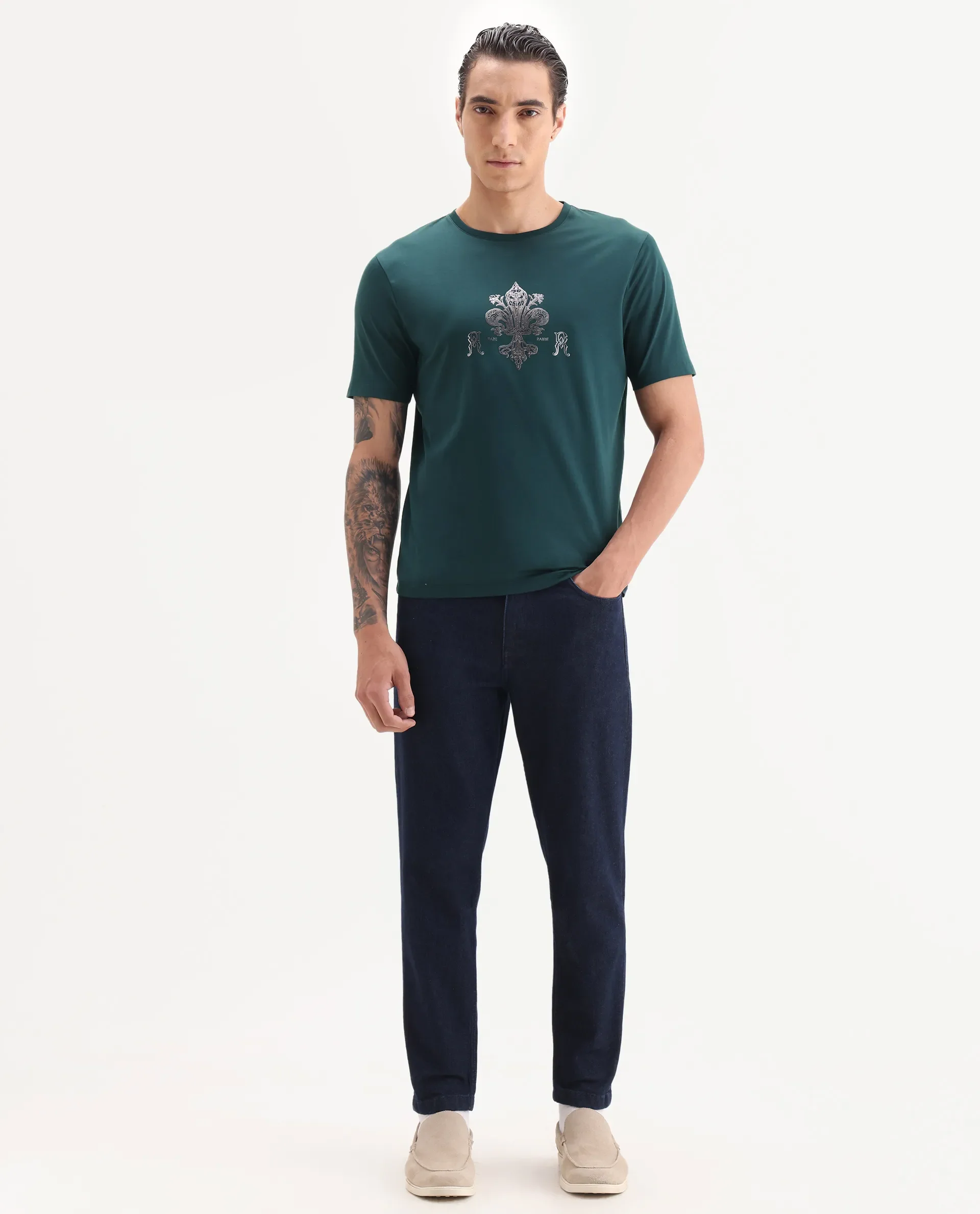Rare Rabbit Men's Vaz Dark Teal Cotton Blend Graphic Print Regular Fit Half Sleeve Crew Neck T-Shirt - Image 2