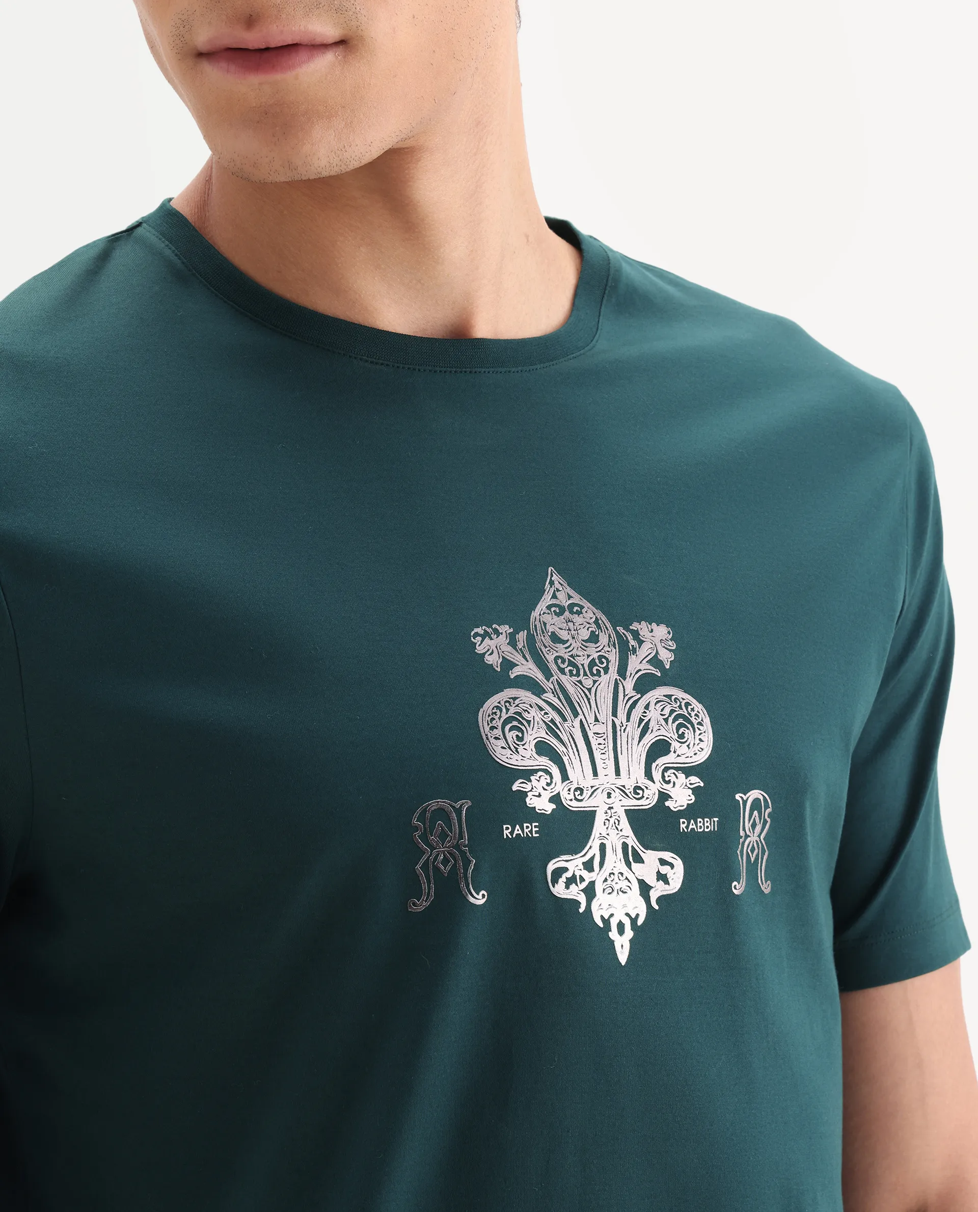 Rare Rabbit Men's Vaz Dark Teal Cotton Blend Graphic Print Regular Fit Half Sleeve Crew Neck T-Shirt - Image 3