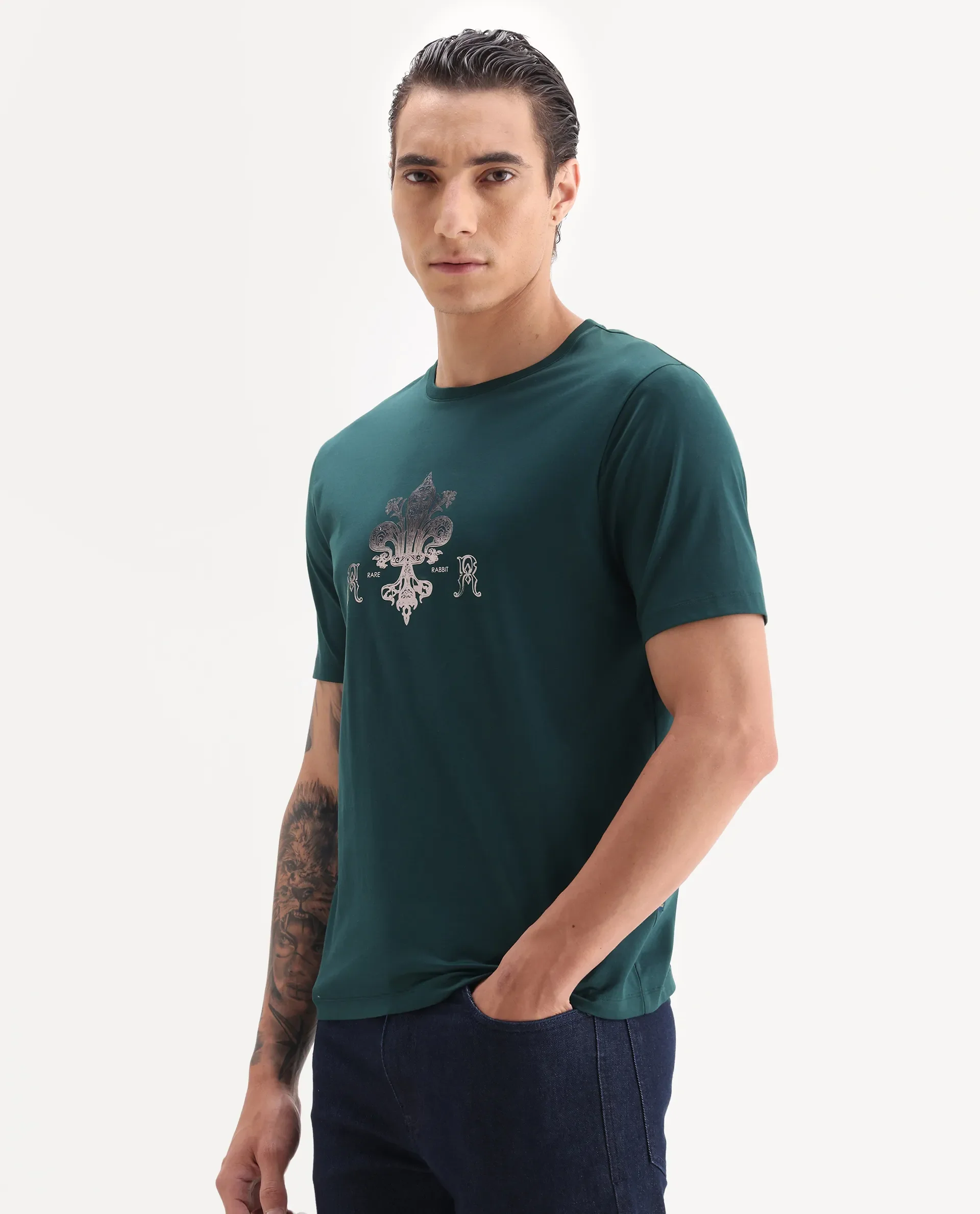 Rare Rabbit Men's Vaz Dark Teal Cotton Blend Graphic Print Regular Fit Half Sleeve Crew Neck T-Shirt - Image 4