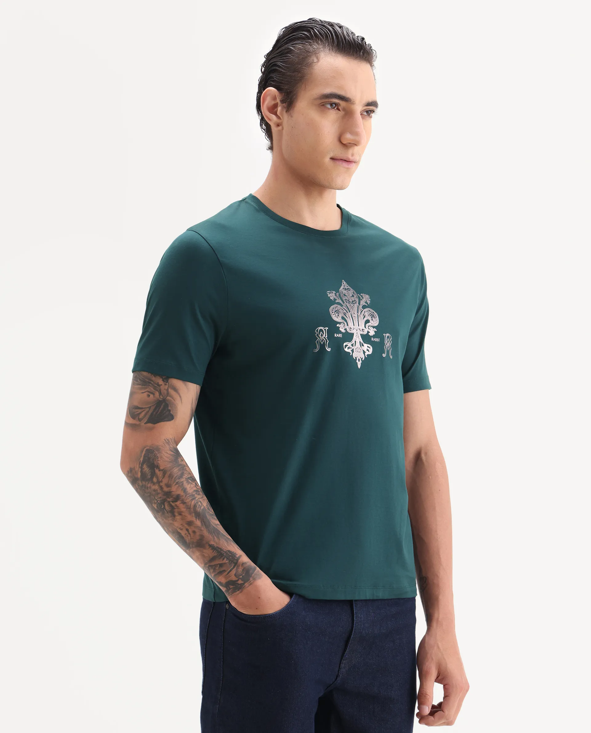 Rare Rabbit Men's Vaz Dark Teal Cotton Blend Graphic Print Regular Fit Half Sleeve Crew Neck T-Shirt - Image 5