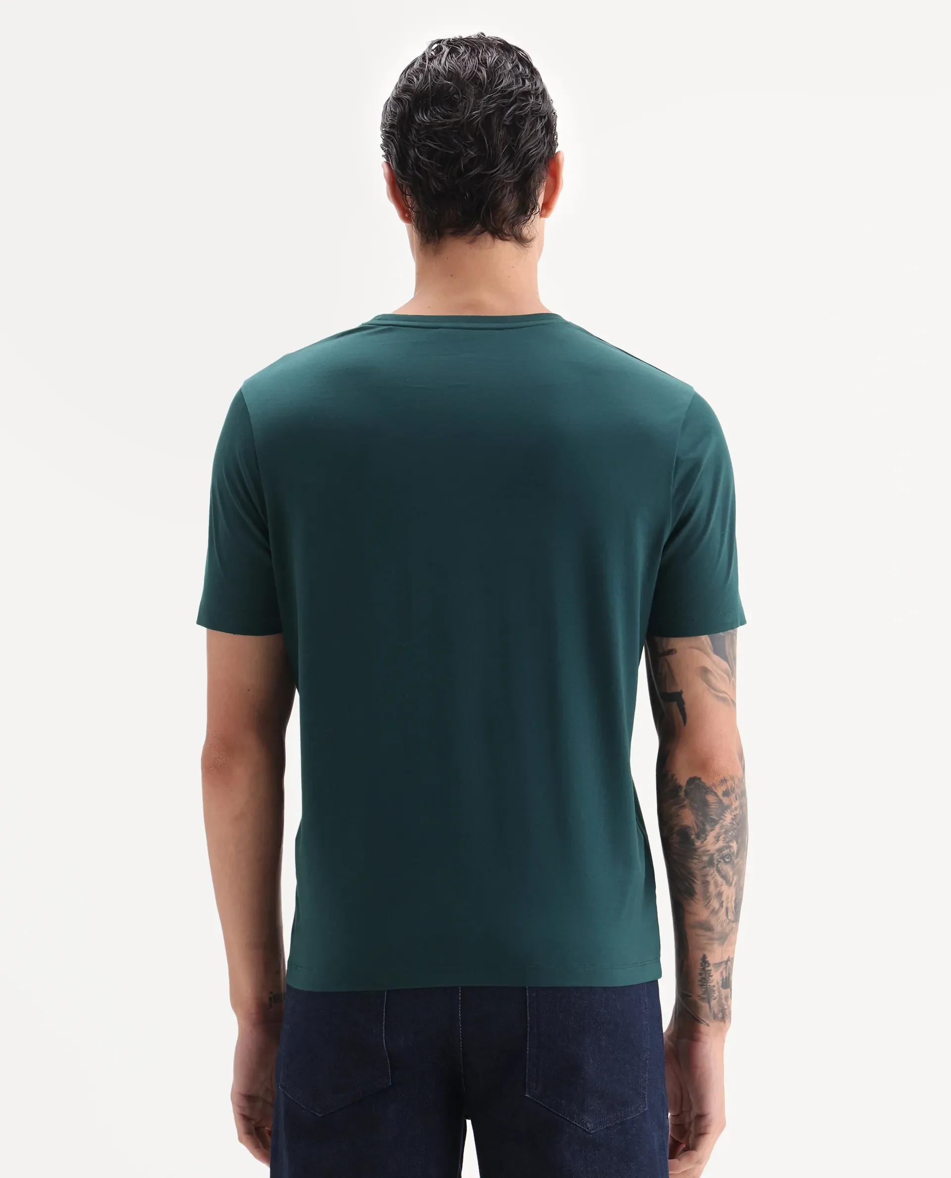 Rare Rabbit Men's Vaz Dark Teal Cotton Blend Graphic Print Regular Fit Half Sleeve Crew Neck T-Shirt - Image 6