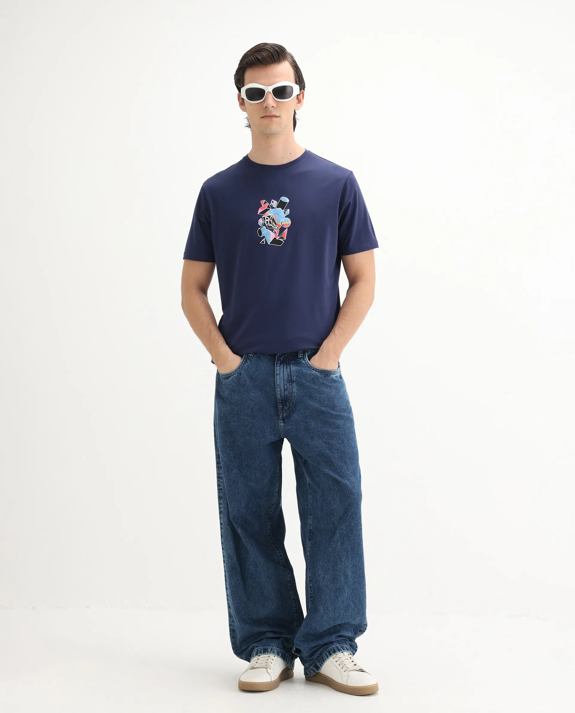 Rare Rabbit Men's Vazo Dark Blue Cotton Blend Graphic Print Regular Fit Half Sleeve Crew Neck T-Shirt - Image 2