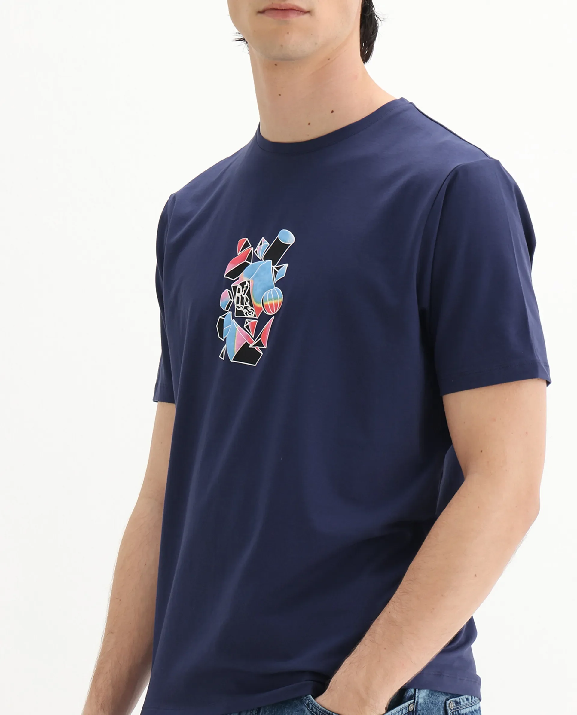 Rare Rabbit Men's Vazo Dark Blue Cotton Blend Graphic Print Regular Fit Half Sleeve Crew Neck T-Shirt - Image 3