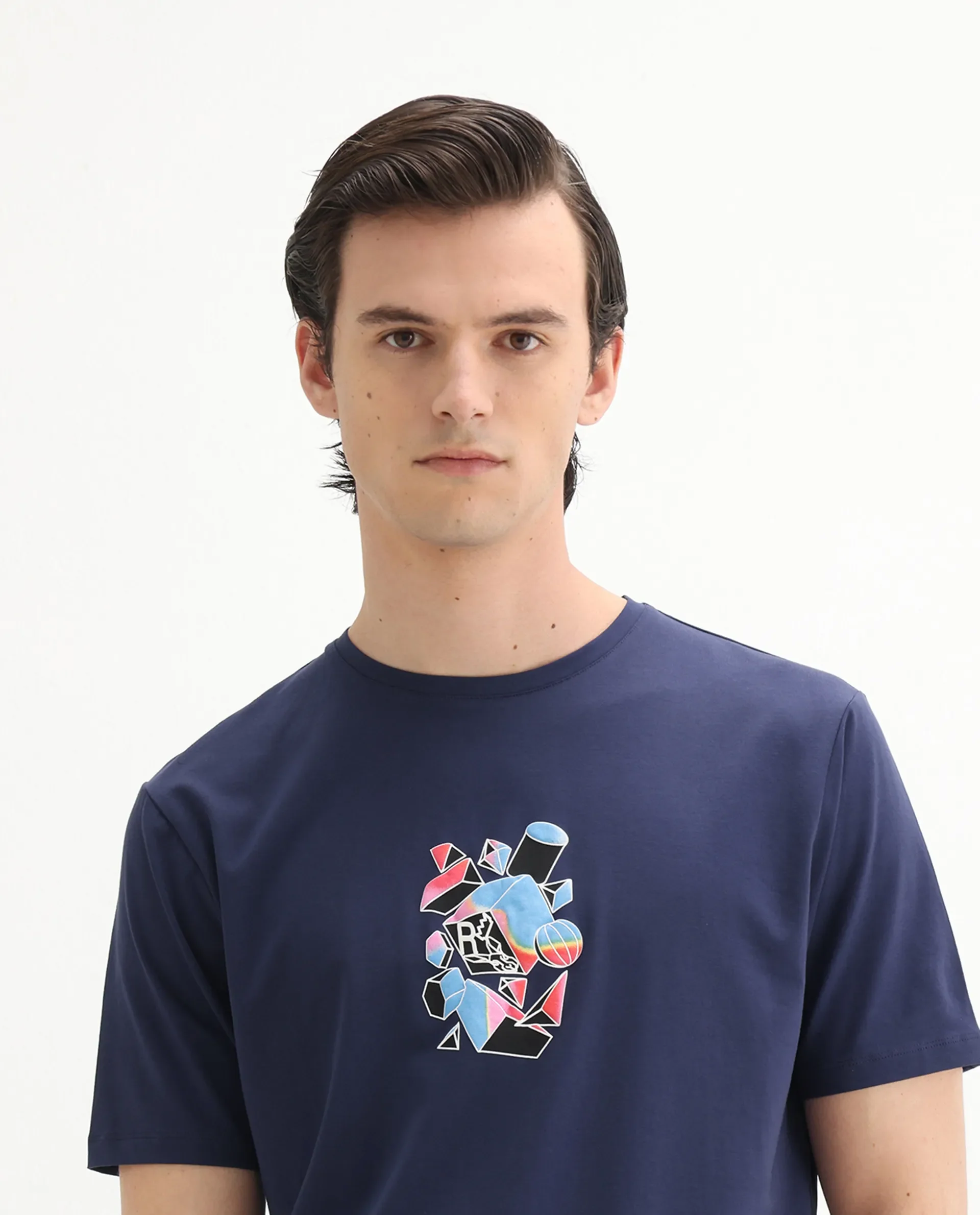 Rare Rabbit Men's Vazo Dark Blue Cotton Blend Graphic Print Regular Fit Half Sleeve Crew Neck T-Shirt - Image 4