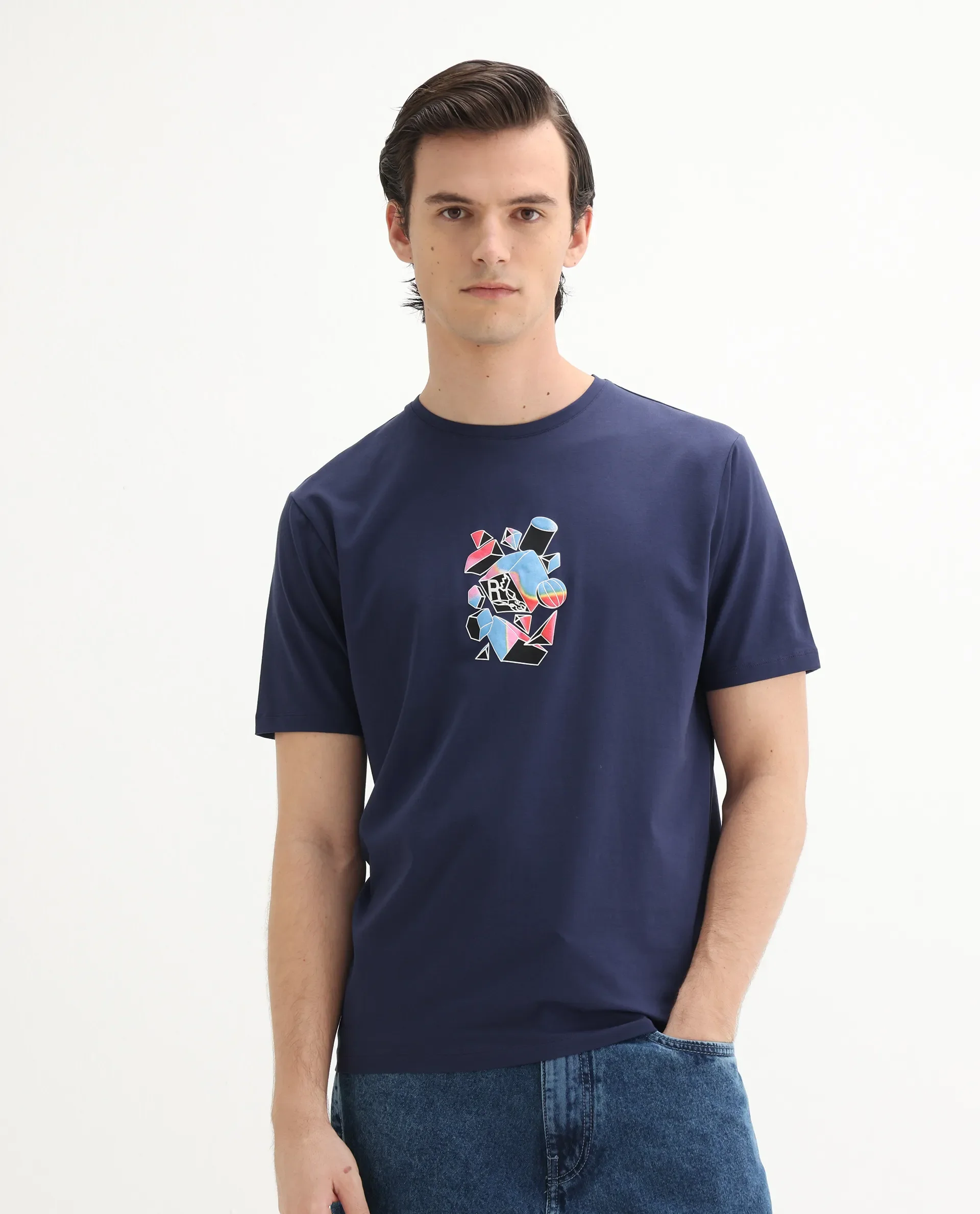 Rare Rabbit Men's Vazo Dark Blue Cotton Blend Graphic Print Regular Fit Half Sleeve Crew Neck T-Shirt - Image 5