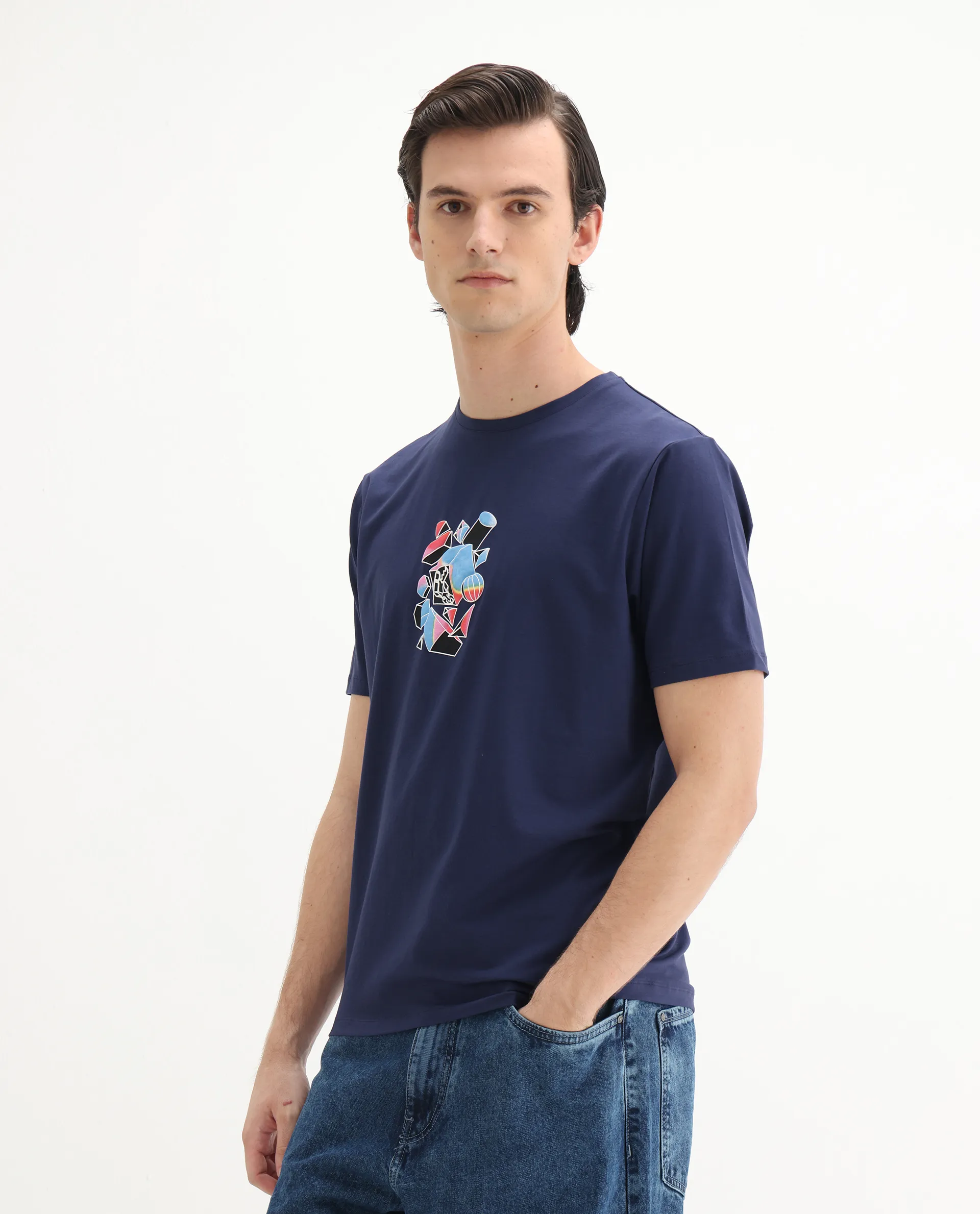 Rare Rabbit Men's Vazo Dark Blue Cotton Blend Graphic Print Regular Fit Half Sleeve Crew Neck T-Shirt - Image 6