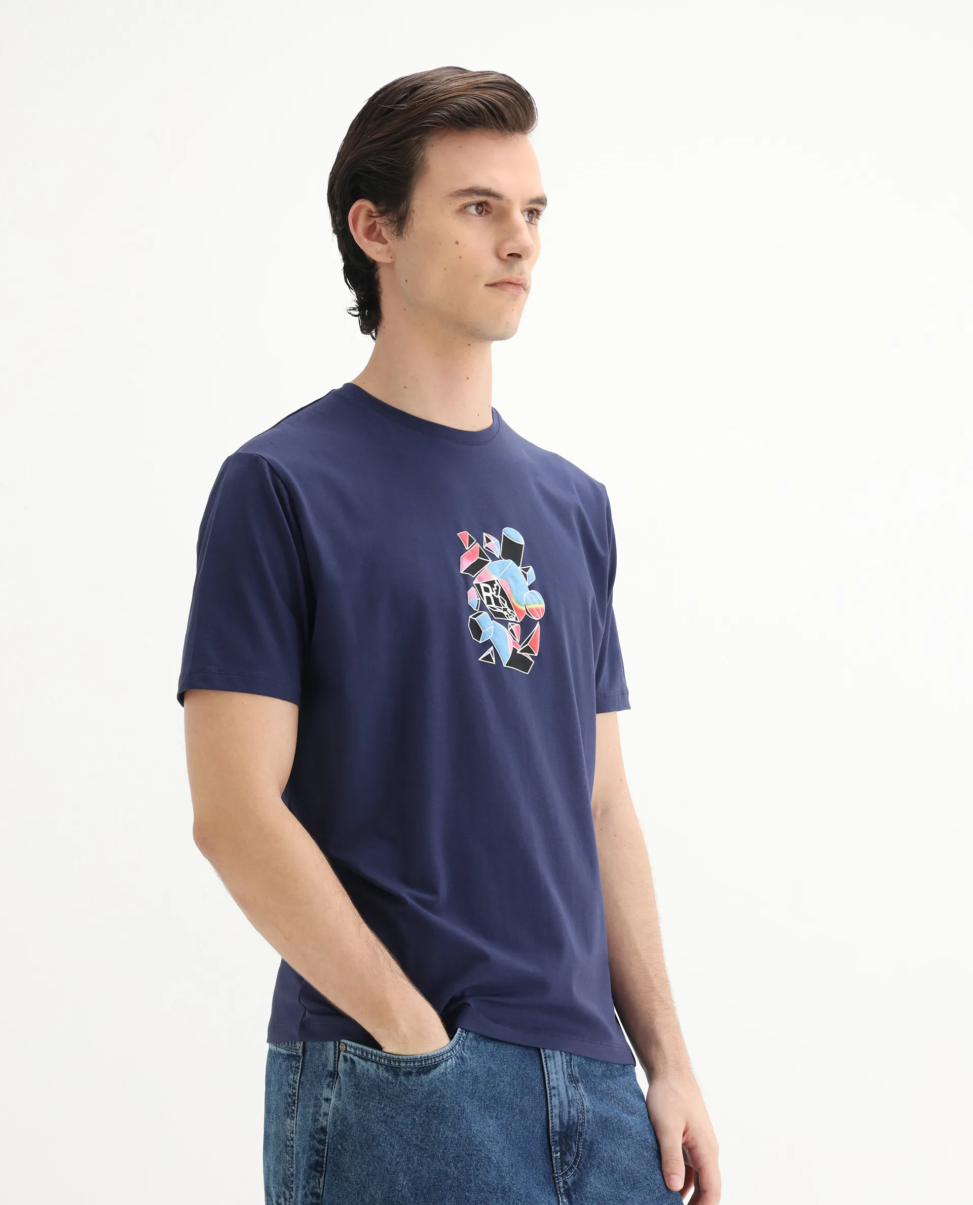 Rare Rabbit Men's Vazo Dark Blue Cotton Blend Graphic Print Regular Fit Half Sleeve Crew Neck T-Shirt - Image 7