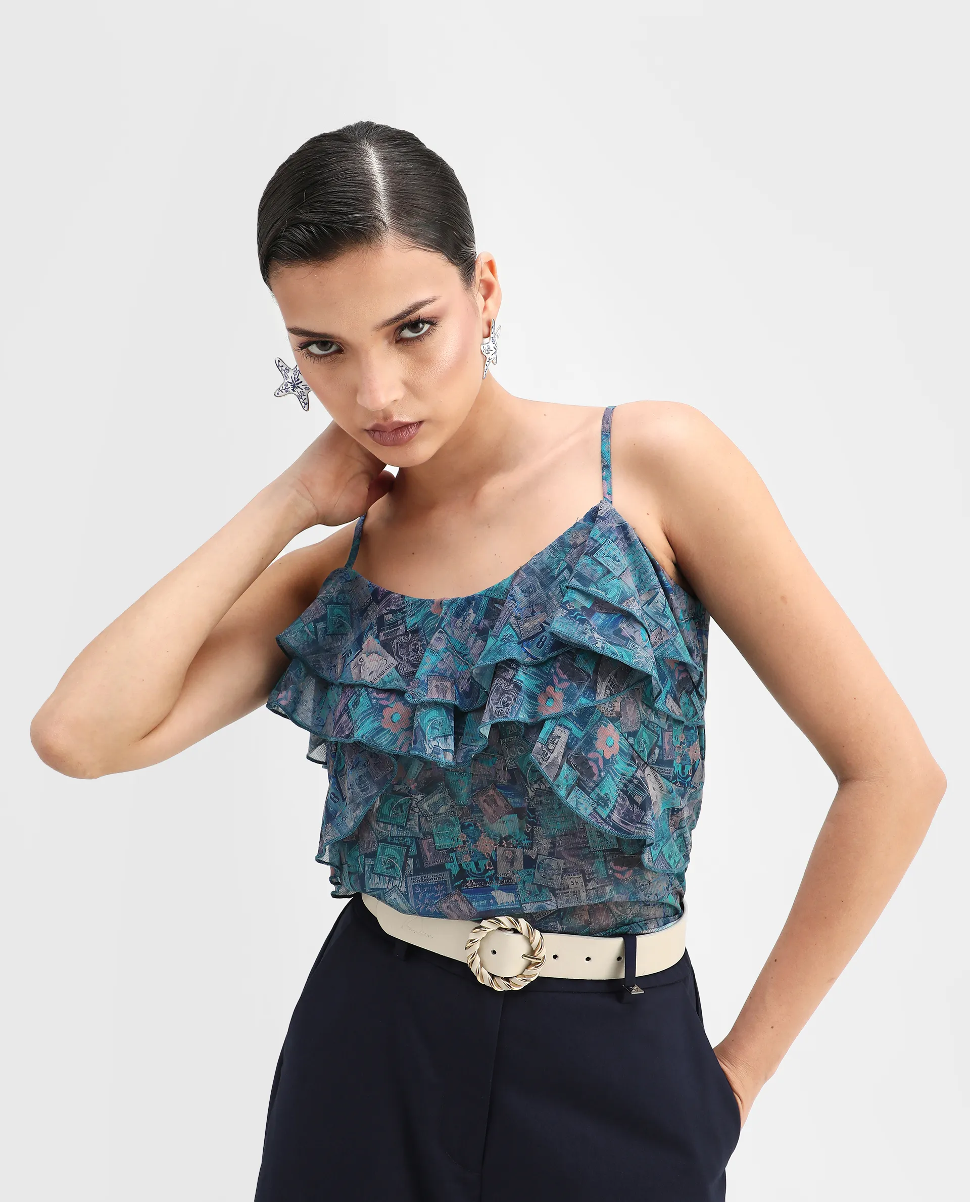 Rareism Women's Vciktg Multi Polyester V-Neck Object Print Sleeveless Regular Fit Top - Image 3