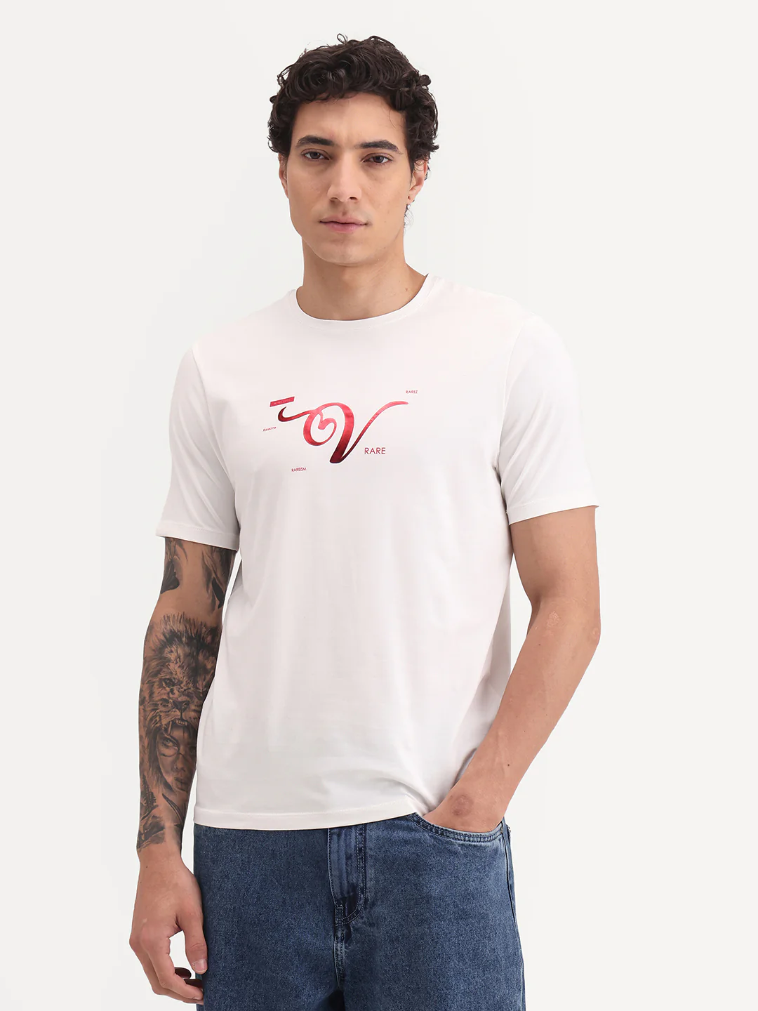 Rare Rabbit Men's Vday Off White Cotton Blend Fabric Half Sleeve Crew Neck Regular Fit Graphic Print T-Shirt - Image 4