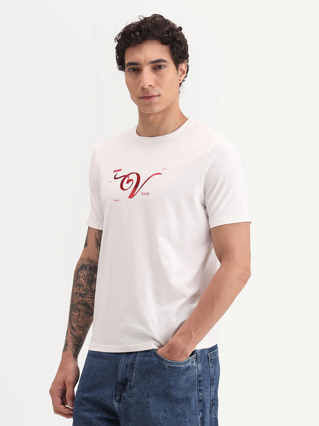 Rare Rabbit Men's Vday Off White Cotton Blend Fabric Half Sleeve Crew Neck Regular Fit Graphic Print T-Shirt - Image 5