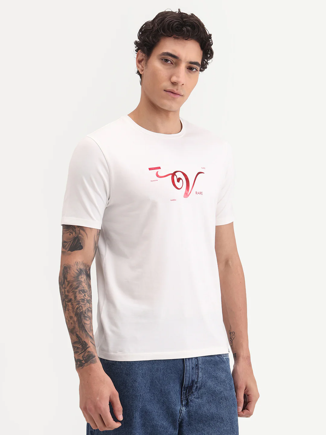 Rare Rabbit Men's Vday Off White Cotton Blend Fabric Half Sleeve Crew Neck Regular Fit Graphic Print T-Shirt - Image 6