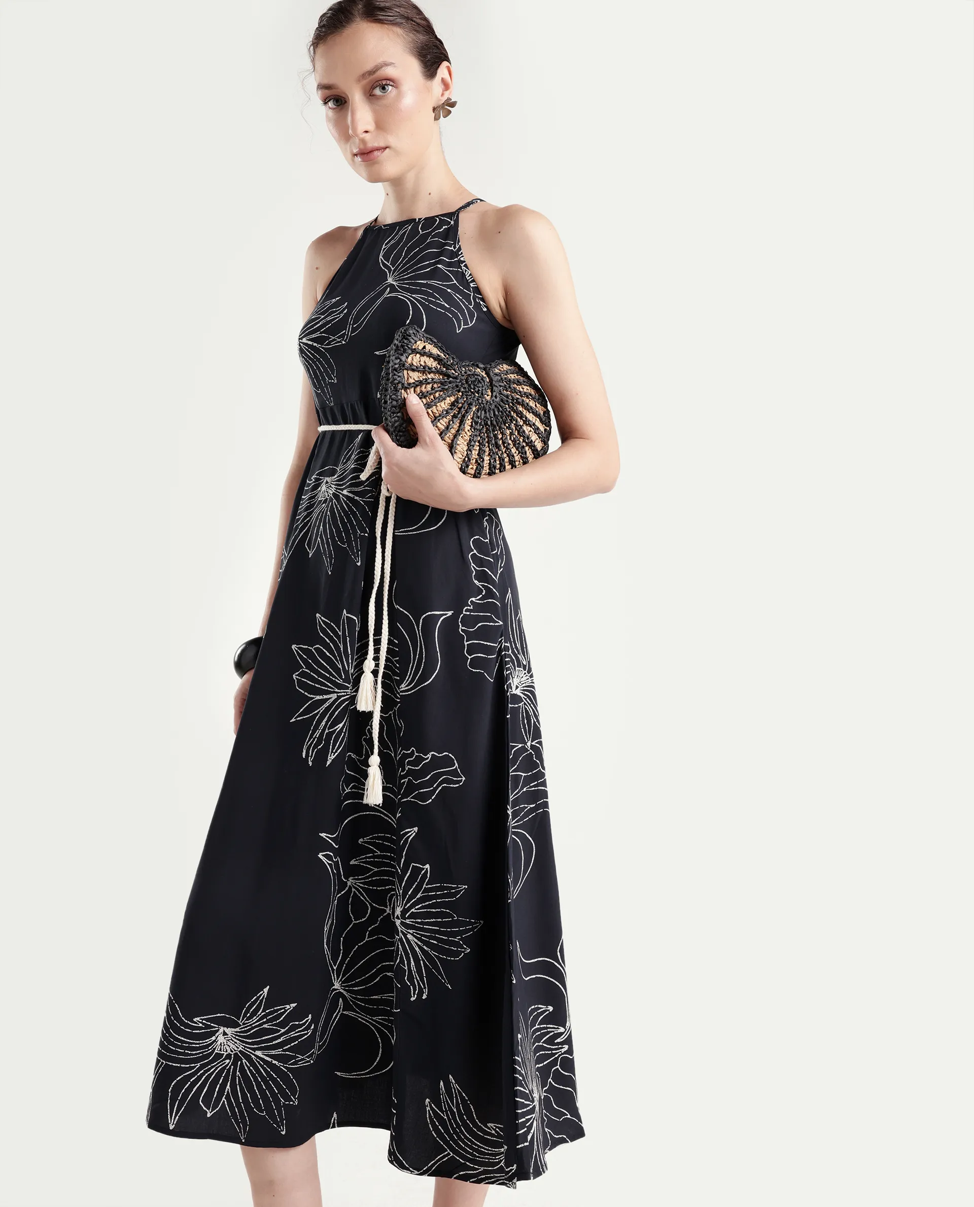 Rareism Women's Veana Black Viscose Sleeveless A-Line Floral Print Dress - Image 2