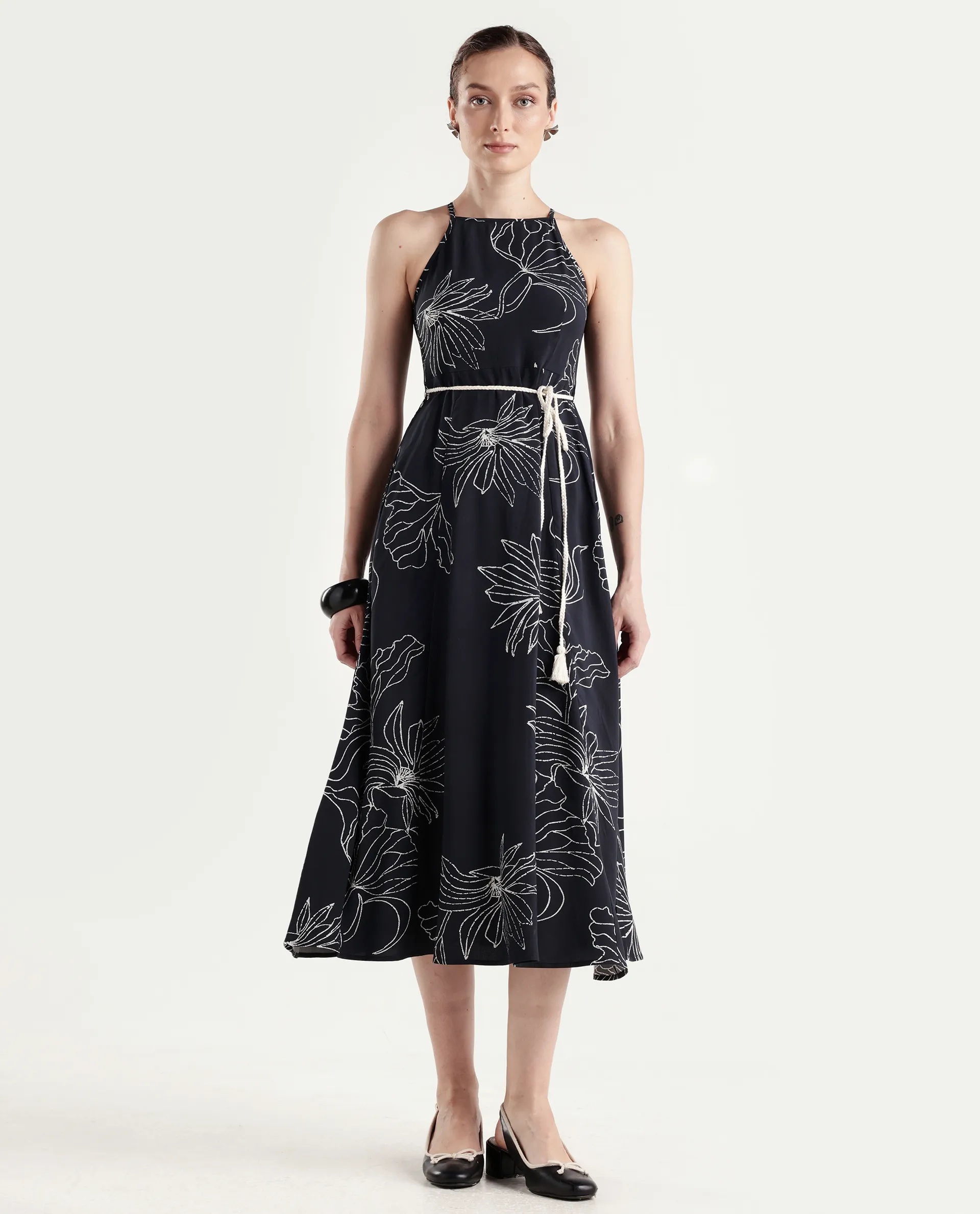 Rareism Women's Veana Black Viscose Sleeveless A-Line Floral Print Dress - Image 3