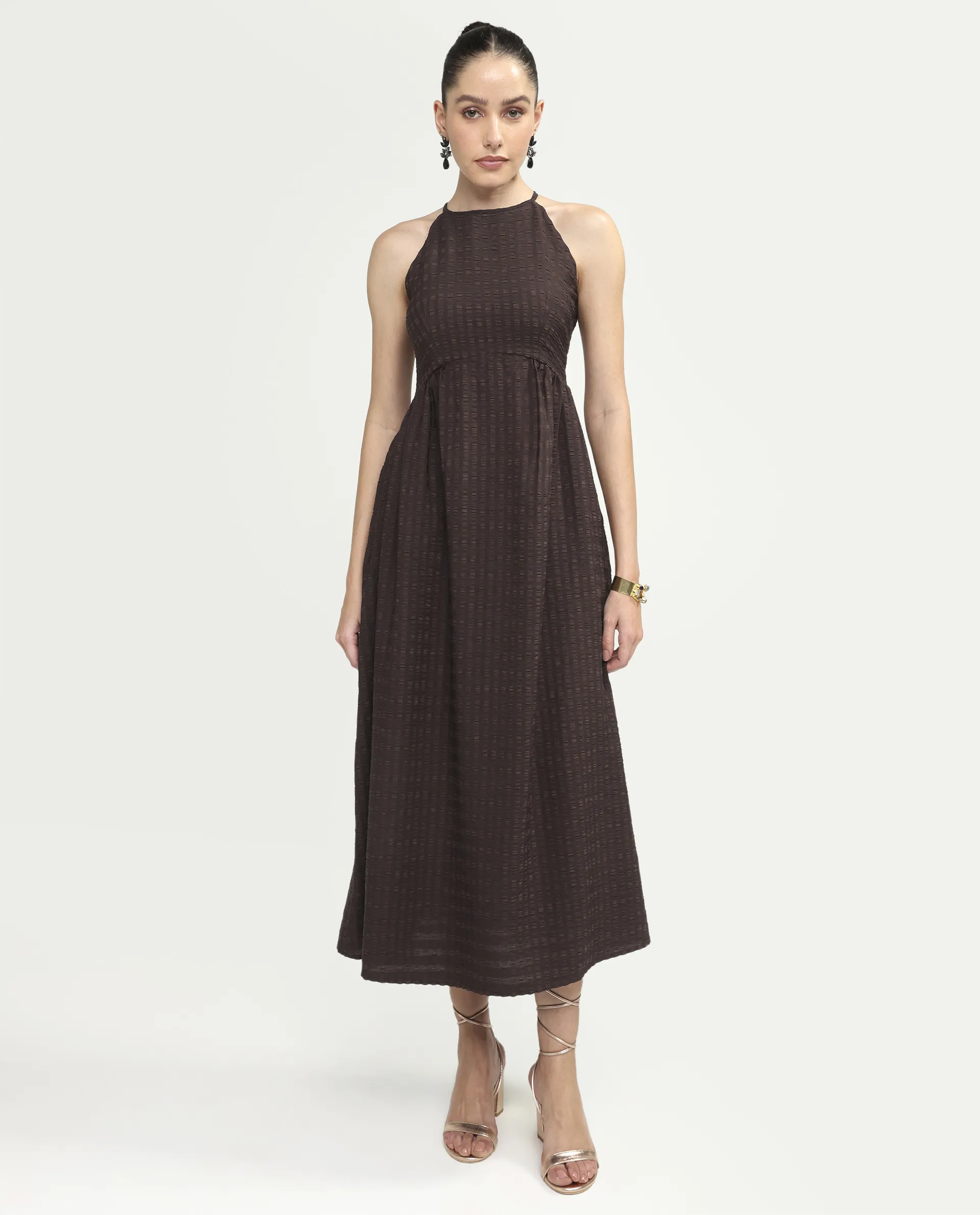 Rareism Women's Veant Brown Polyester Sleeveless Halter Neck Fit And Flare Plain Dress - Image 2